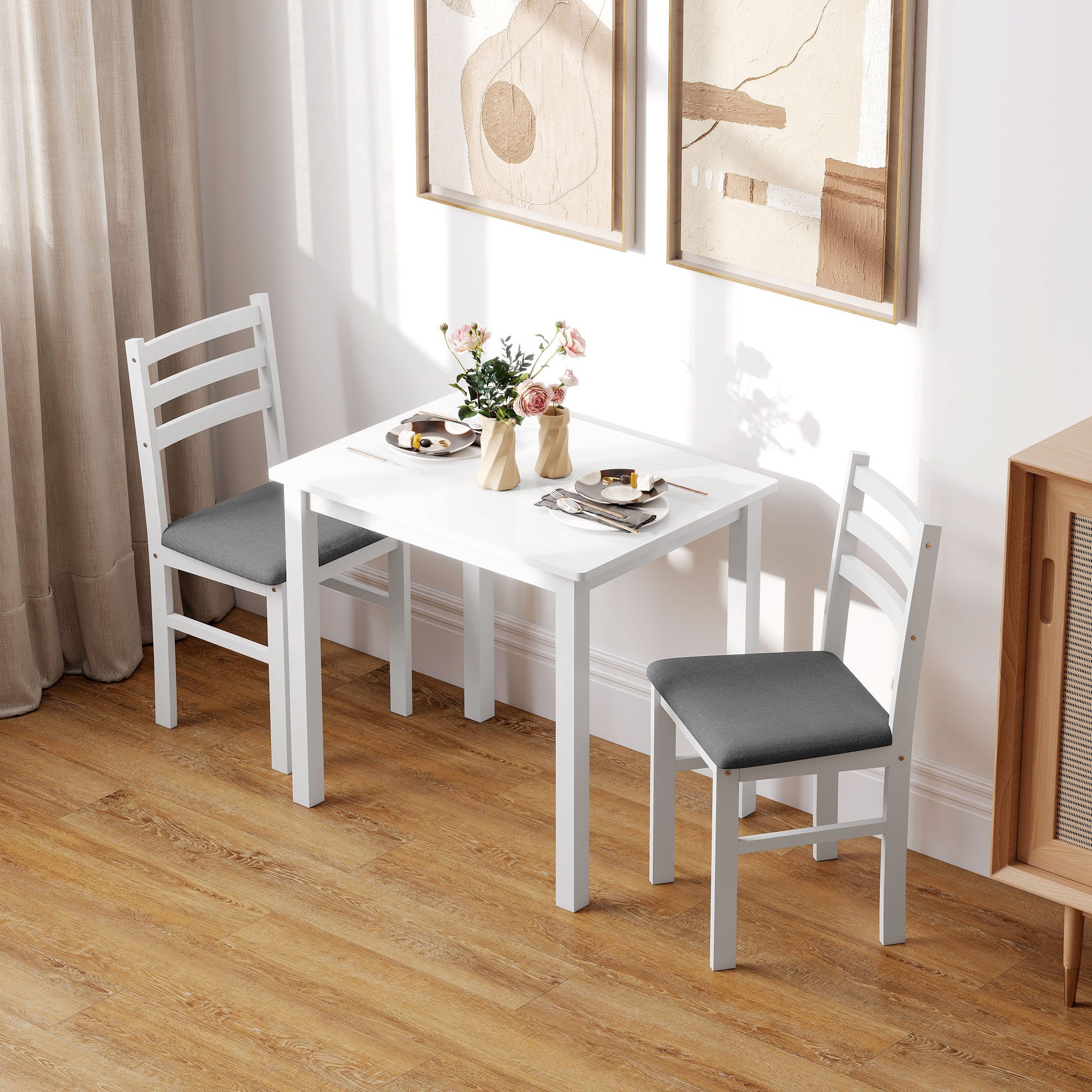 HOMCOM Essgruppe Esstisch mit 2 Stühlen Platzsparend Esszimmergruppe Rechteckig, (Sitzgruppe, 3-tlg., Küchentisch mit gepolsterten Essstühlen), für kleine Raum, Esszimmer, Küche, Weiß
