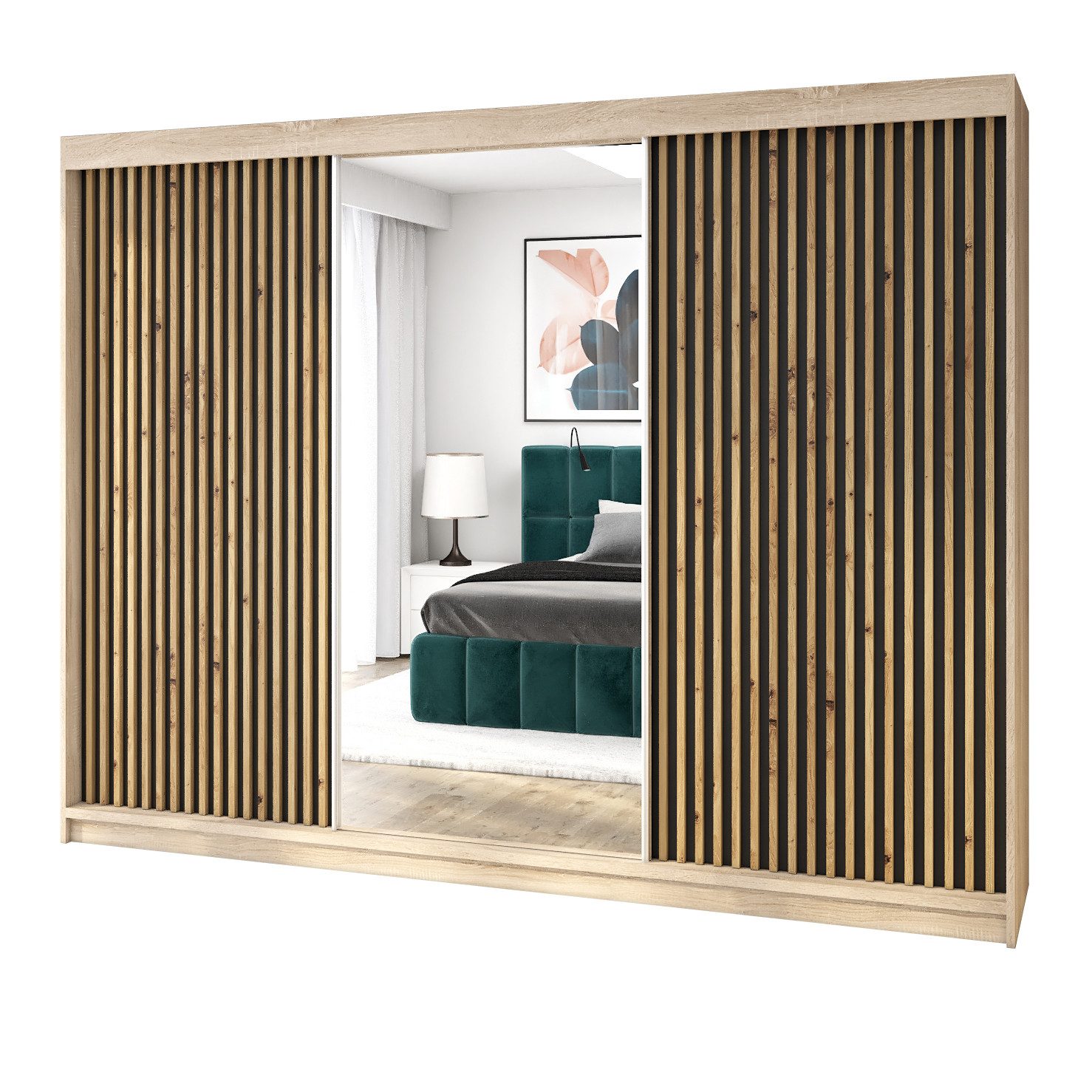 Schwebetürenschrank FARA 200 cm, mit 4 Schubladen, Spiegel, 3D Lamellen