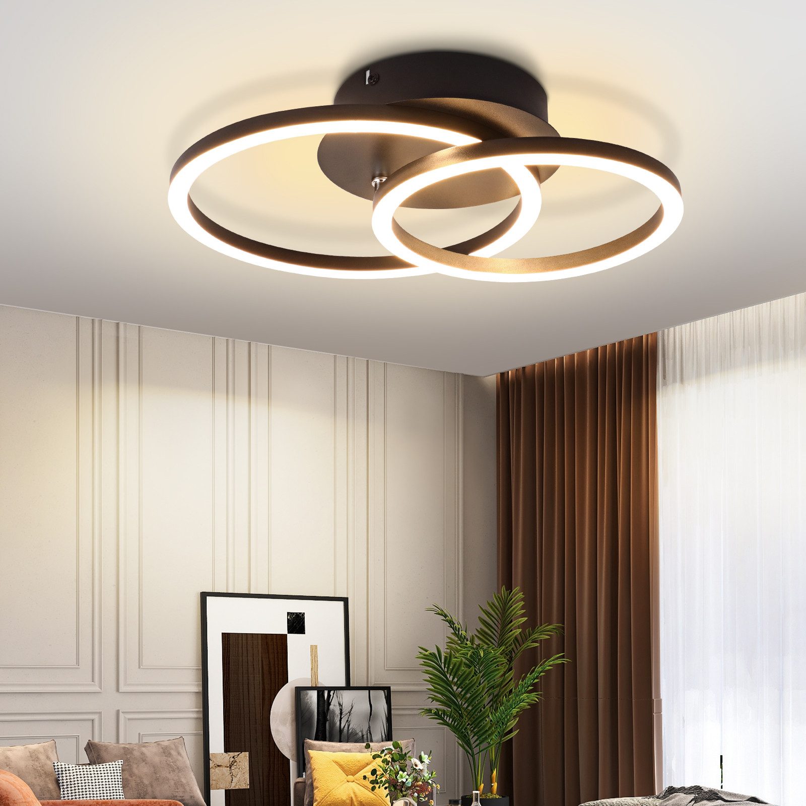 Nettlife LED Deckenleuchte 2 Ringe Schwarz/Weiß Drehbar 24W 3000K, LED fest integriert, Warmweiß, für Wohnzimmer Schlafzimmer Küche