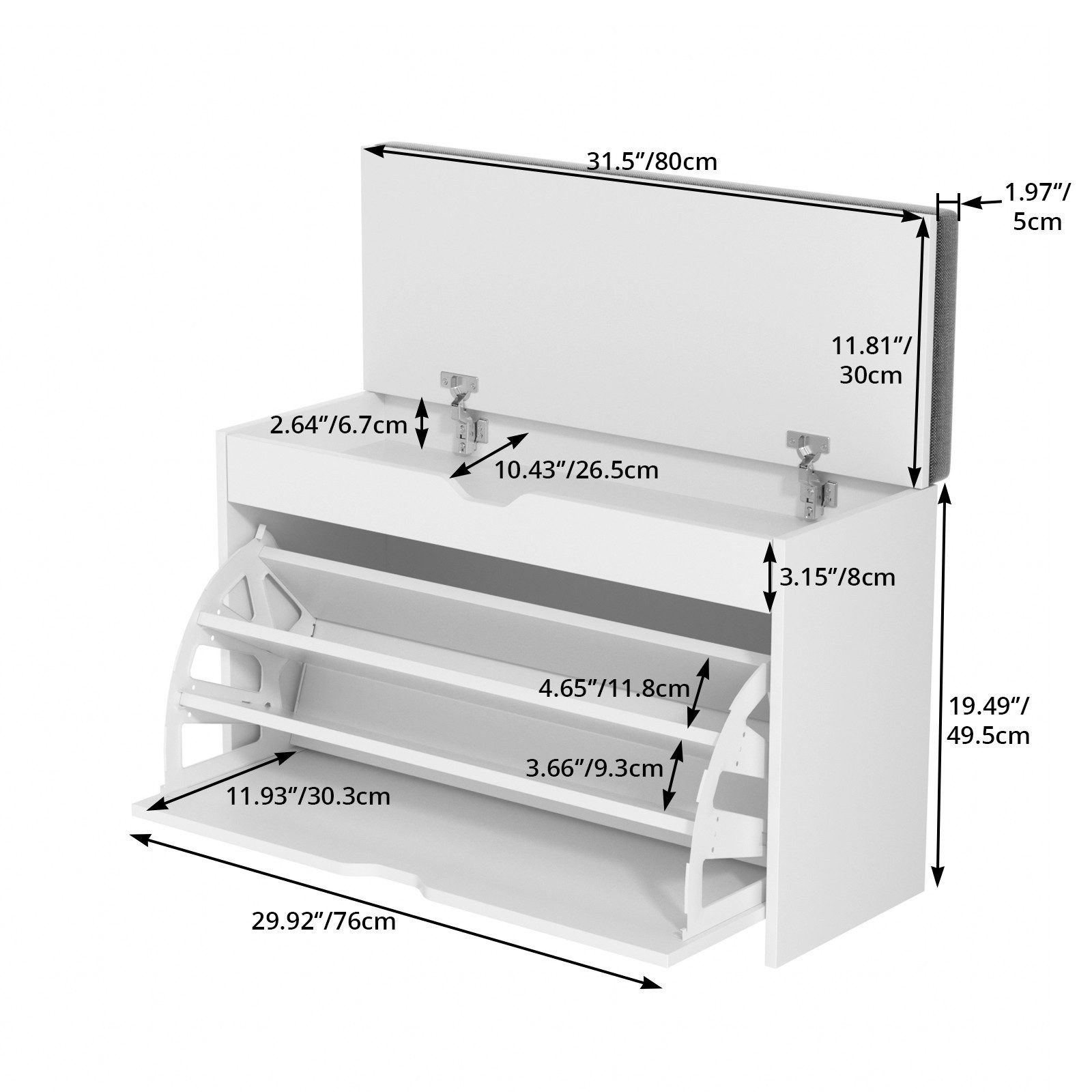 VOWNER Schuhschrank mit Klappen – Schmaler Schuhregal, Sitzbank mit Kissen, verstellbar (1-St) 81 × 31 × 55 cm, Weiß