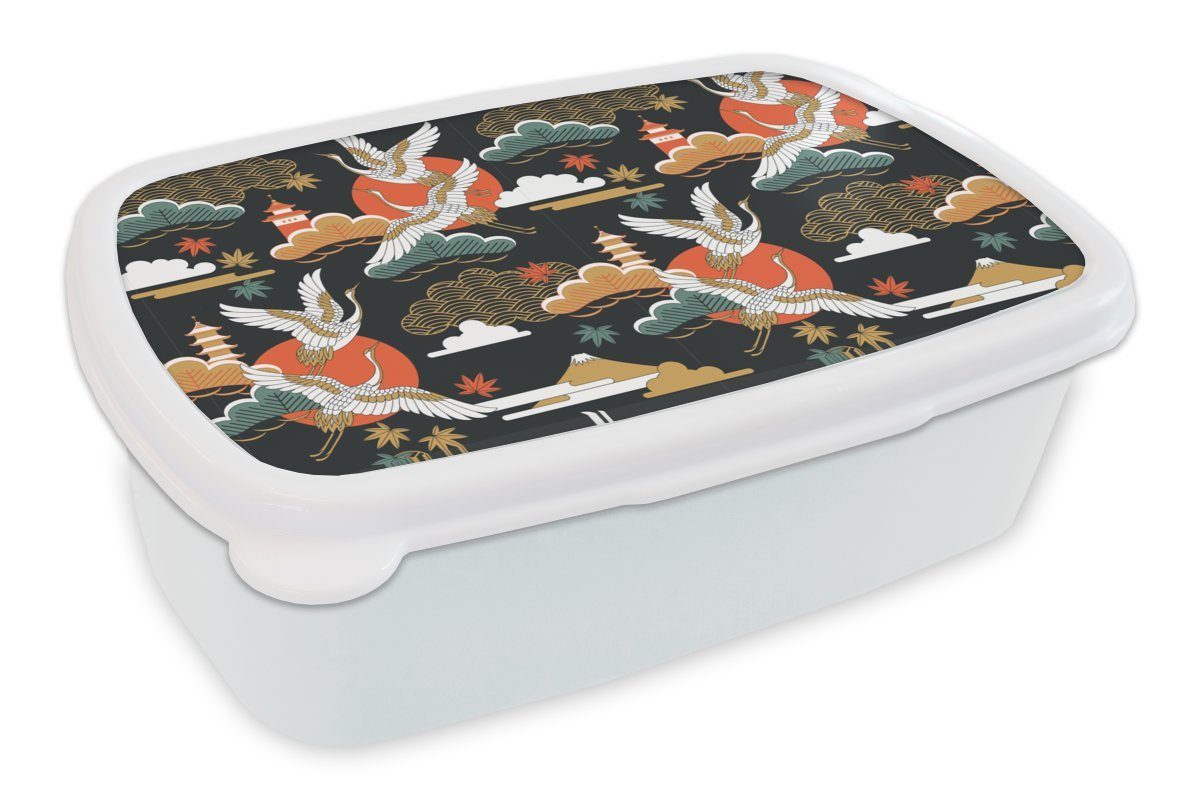 MuchoWow Lunchbox Kranich - Wolken - Japan - Muster, Kunststoff, (2-tlg), Brotbox für Kinder und Erwachsene, Brotdose, für Jungs und Mädchen weiß