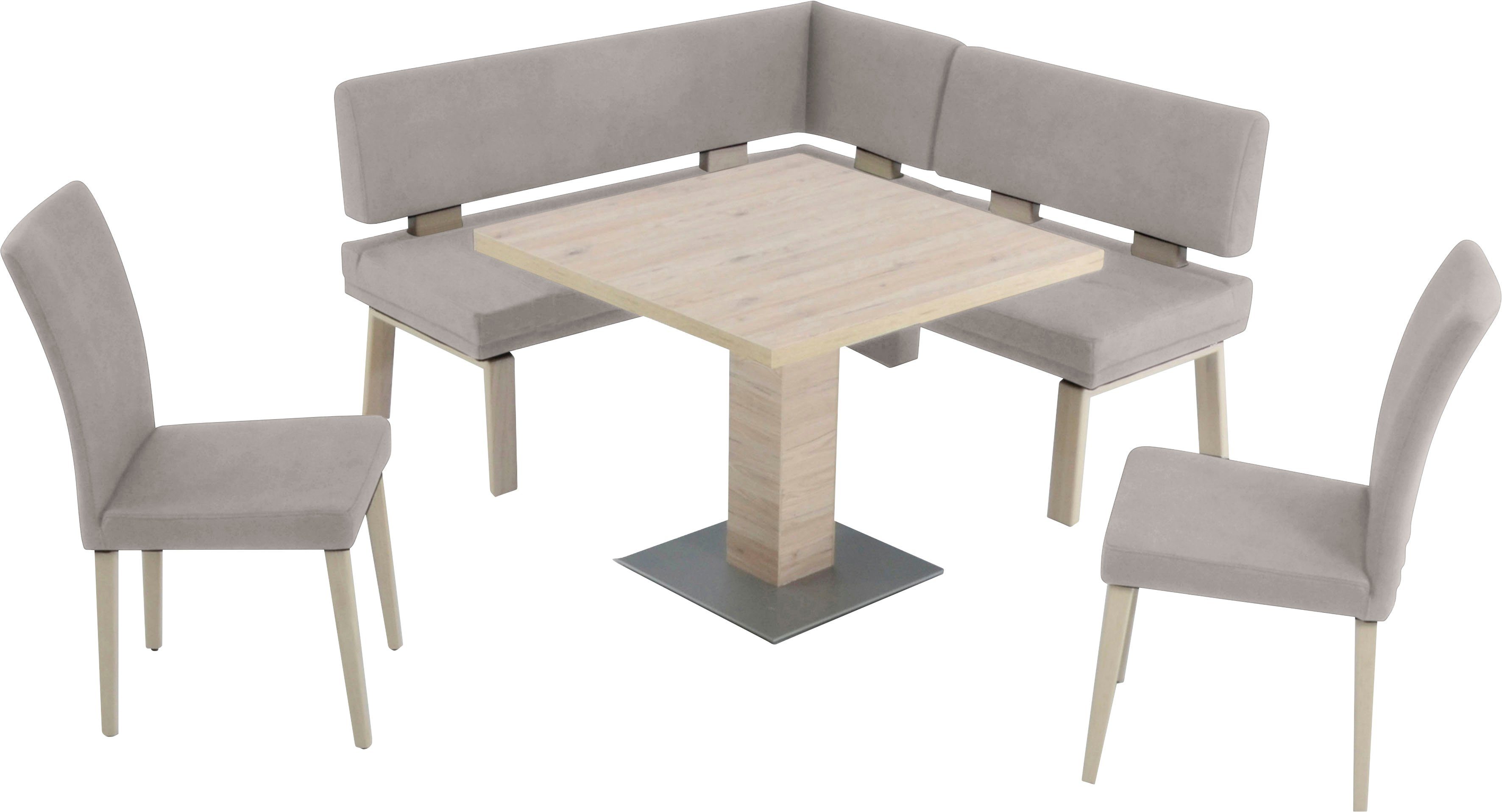 K+W Komfort & Wohnen Eckbankgruppe Santos I, gleichschenklig 157cm, zwei 4-Fußholzstühle und Tisch 90x90cm, Eiche lightgrey