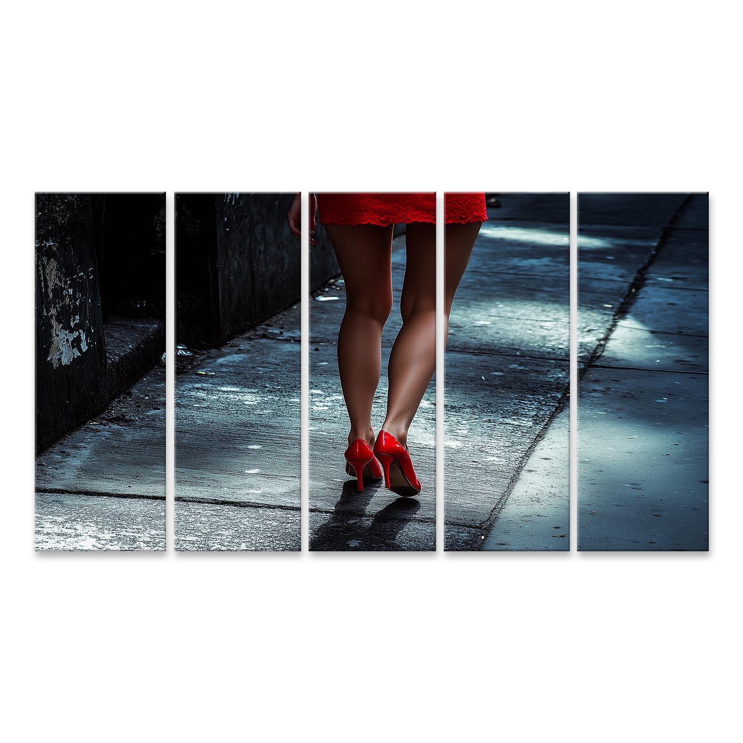islandburner Leinwandbild Rote High Heels Schuhe auf nassem Pflaster