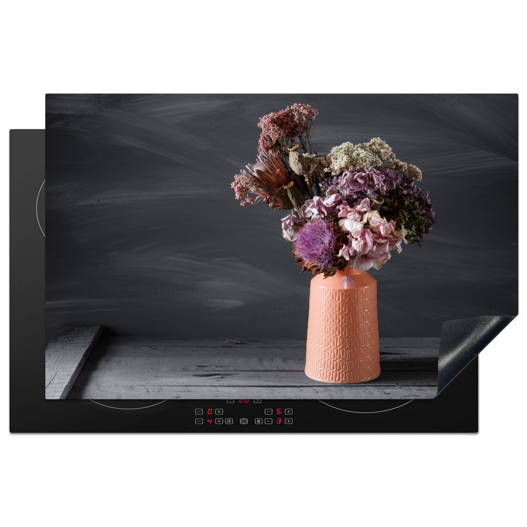 MuchoWow Herdblende-/Abdeckplatte Stilleben - Getrocknete Blumen - Vase, Vinyl, (1 tlg), 81x52 cm, Induktionskochfeld Schutz für die küche, Ceranfeldabdeckung