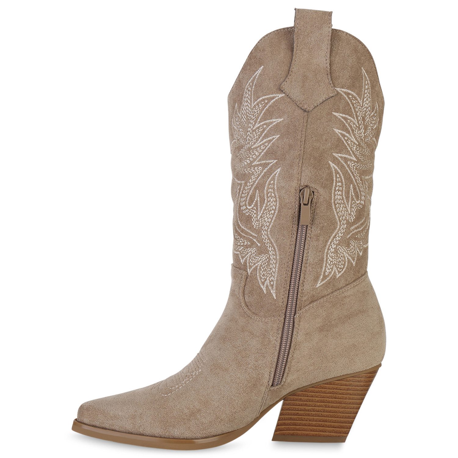 VAN HILL 840142 Cowboystiefel Damen Cowboystiefel Stiefel Stickereien Holzoptikabsatz