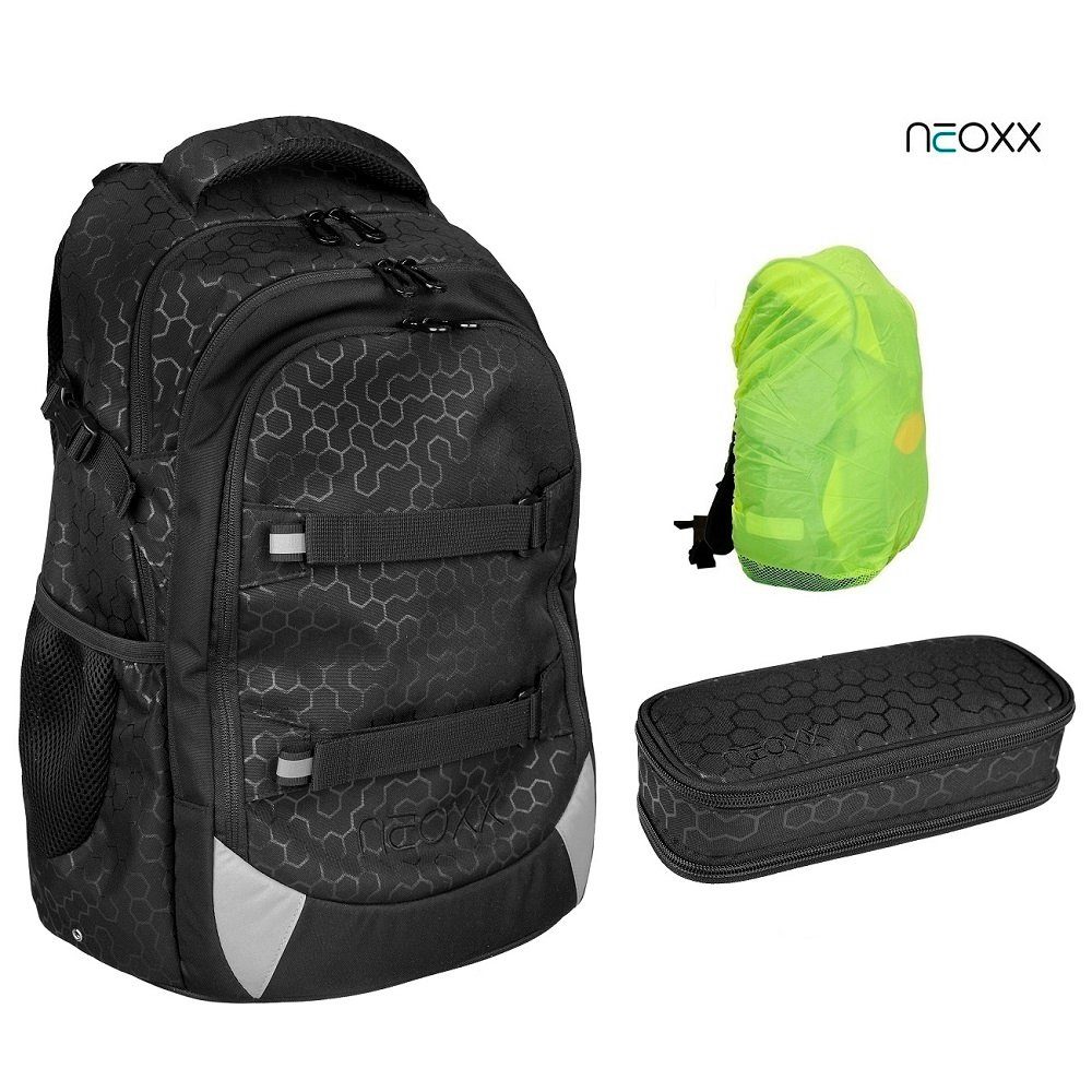 neoxx Schulranzen Active (Set, 3-tlg. inkl. Schamper Box und Regenschutz-Hülle), Rucksack Set "Lost in Black" - Schultasche 5. bis 12. Klasse