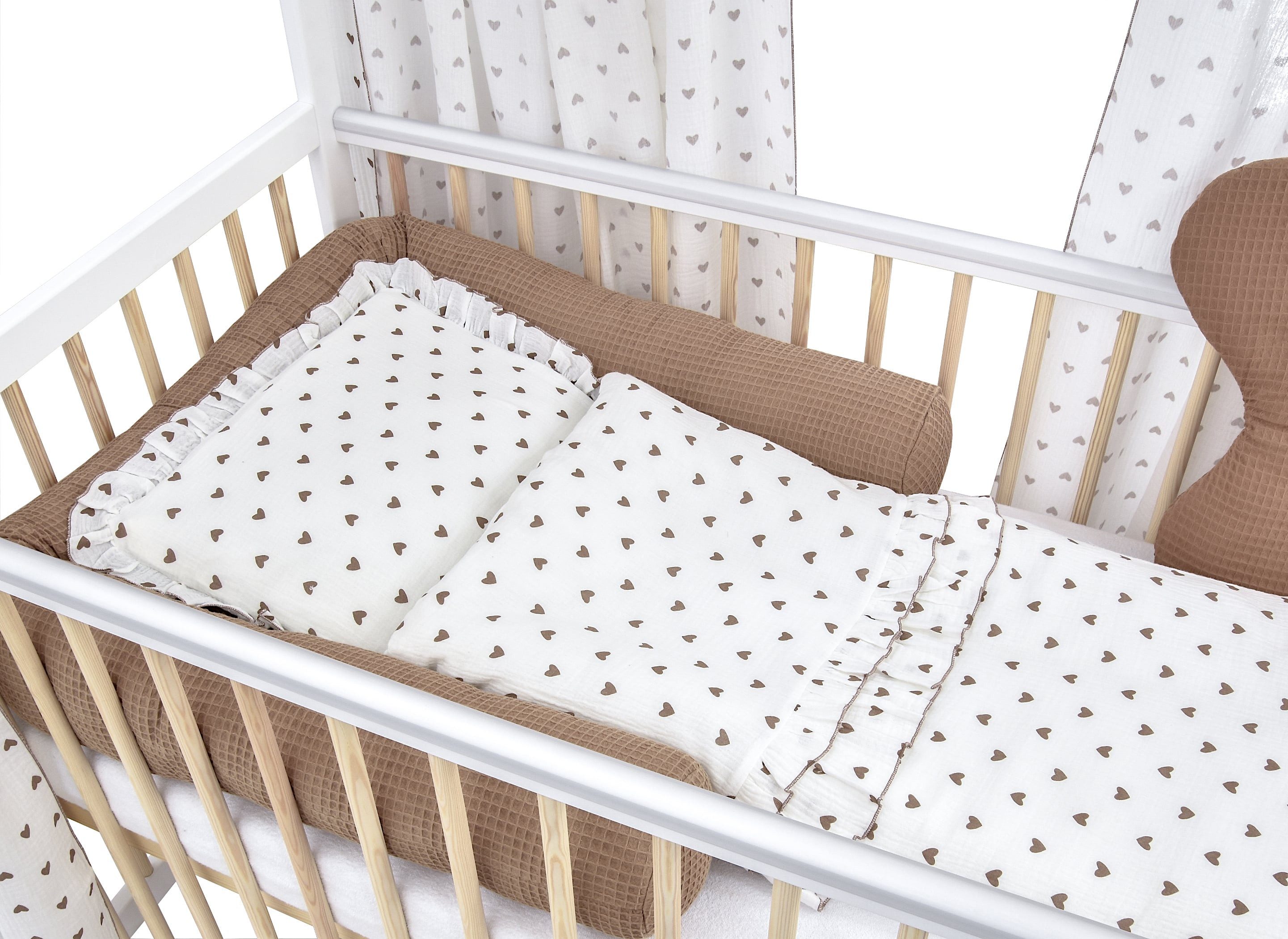 Baby-Delux Komplettbett Hausbett Babybett Komplettset Waffelpique Musselin, 12-tlg., Kinderbett 60x120 cm weiß Natur, Bettset verschiedene Designs
