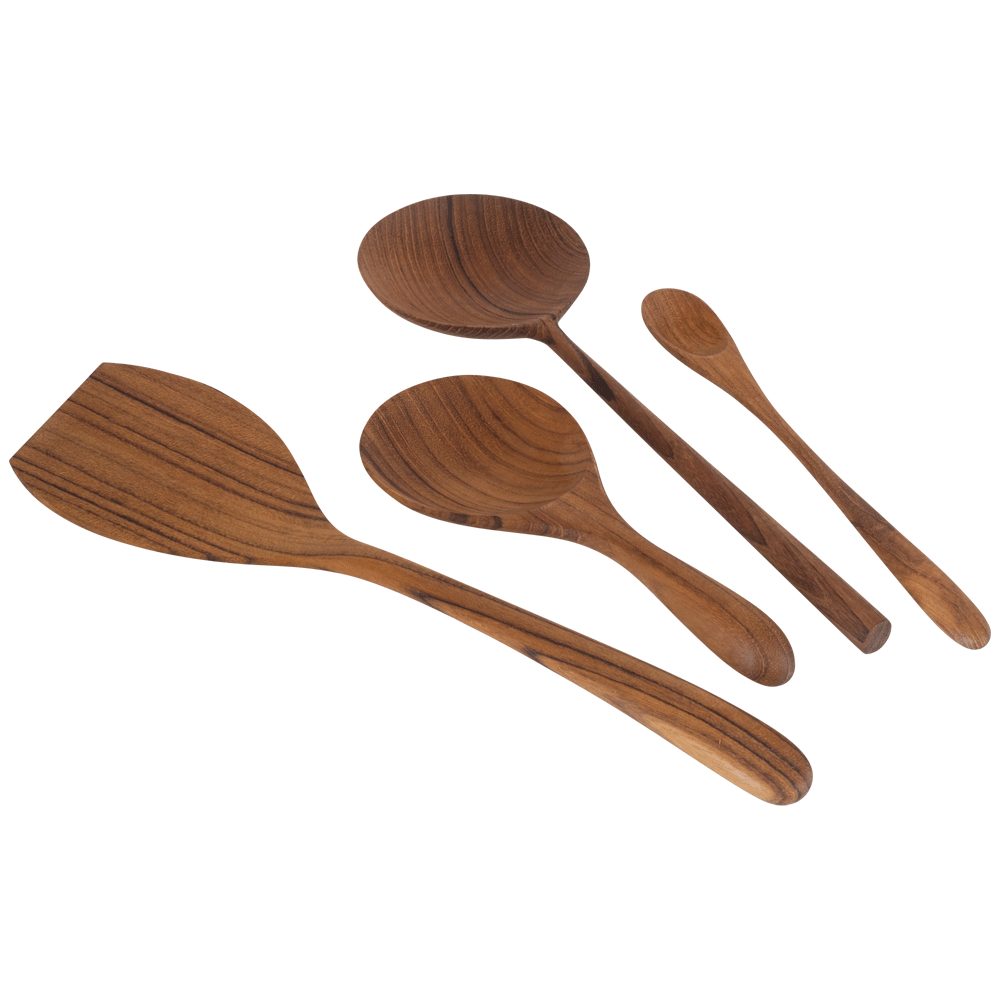 Holz-Leute Kochlöffel 4-teiliges Set Teak, Küchenbesteck, Kochlöffelset, langlebig und robust