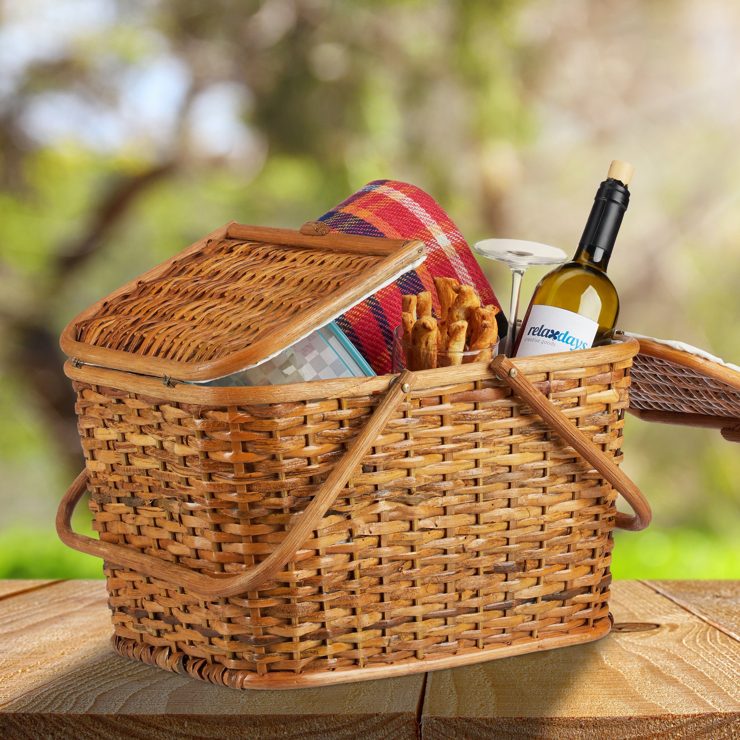 relaxdays Picknickkorb mit Deckel, Honigbraun