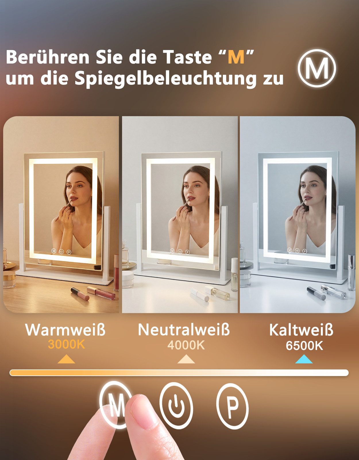 ZMH Schminkspiegel LED 3 Modi, Touch-Dimmbar, Kosmetikspiegel, Tischspiegel