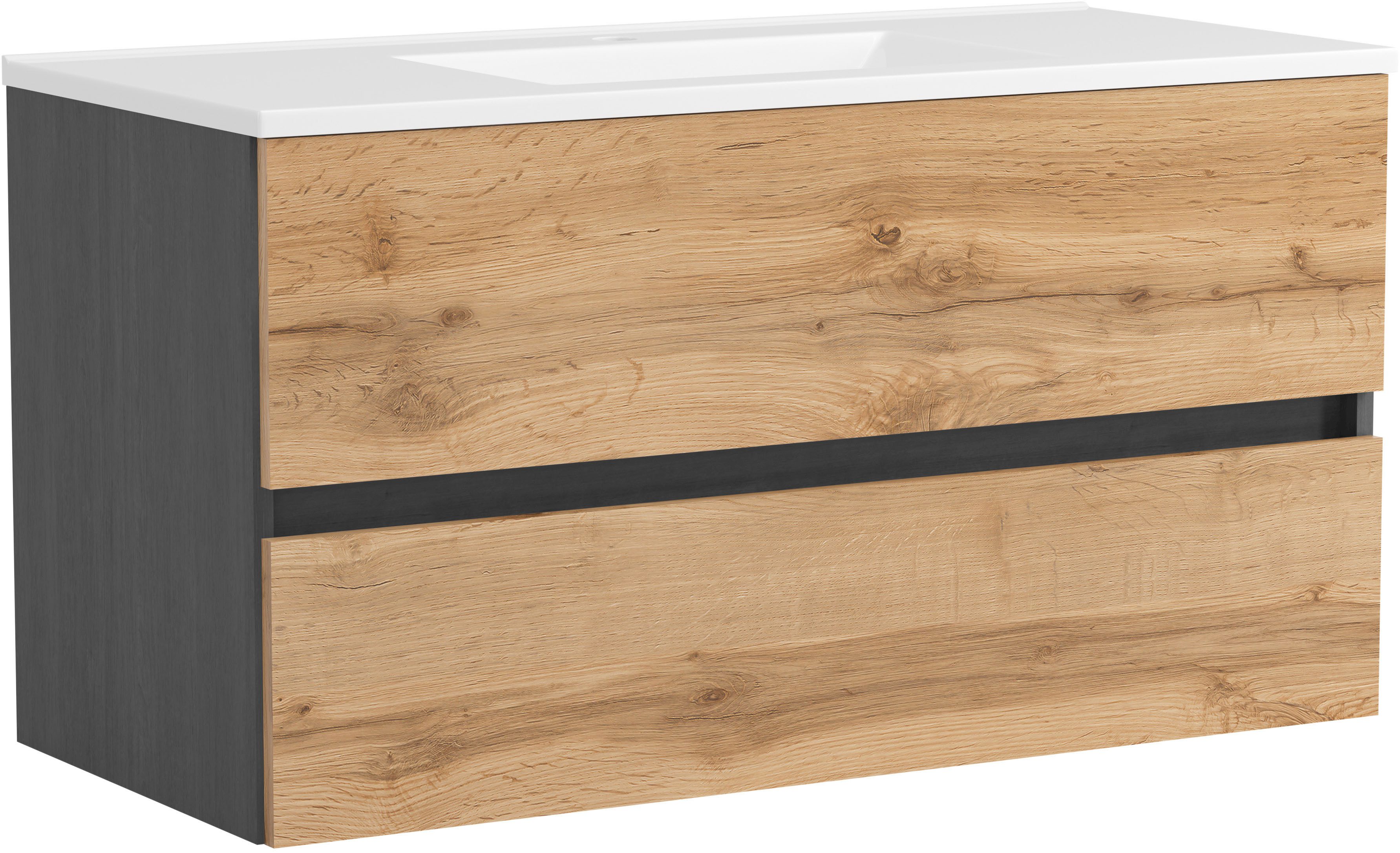 OTTO home Waschtisch BOZEN, 2 Auszüge inklusive Becken und Montagematerial (Badezimmerschrank, grifflos, einfache Montage, Bad-Einrichtung), Maße (B/H/T): ca. 100/52/45 cm, Badmöbel, Waschtisch, Stauraum, modern