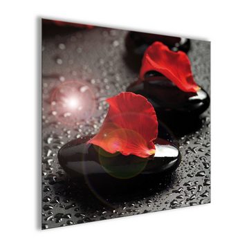 artissimo Glasbild Glasbild 30x30cm BIld Wellness Zen Steine Blatt rot, Steine und Blumen