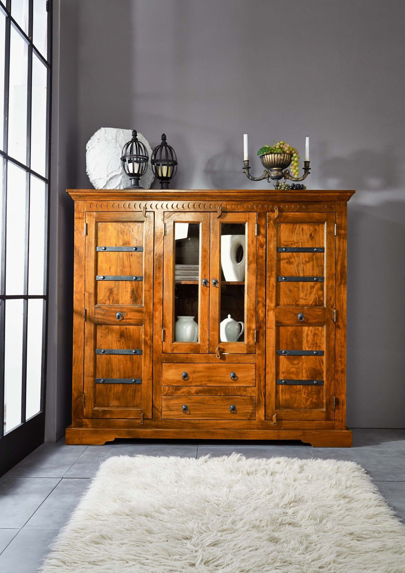 Massivmoebel24 Highboard OXFORD (Massivholz), Highboard Akazie 160x50x142 honig  lackiert OXFORD #0418