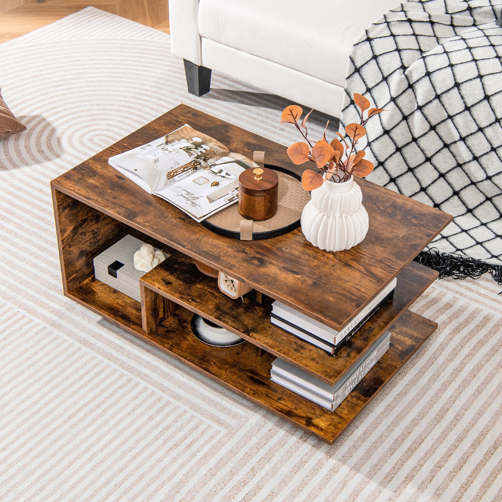COSTWAY Couchtisch, mit Stauraum, geometrisches Design, 90 x 50 x 42 cm
