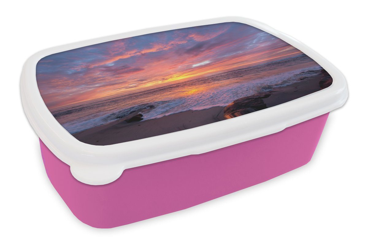 Lunchbox (2-tlg), Erwachsene, Brotbox rosa Kunststoff - Mädchen, Strand - für Brotdose Kunststoff, MuchoWow Kinder, Meer Snackbox, Sonnenuntergang,