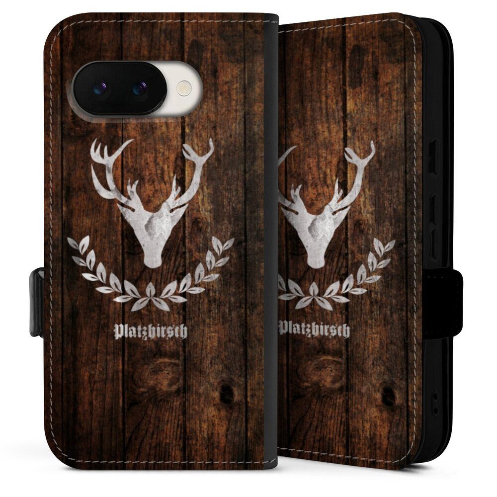 DeinDesign Handyhülle Hirsch Holzoptik Holz Platzhirsch, Google Pixel 9a Hülle Handy Flip Case Wallet Cover Handytasche Leder