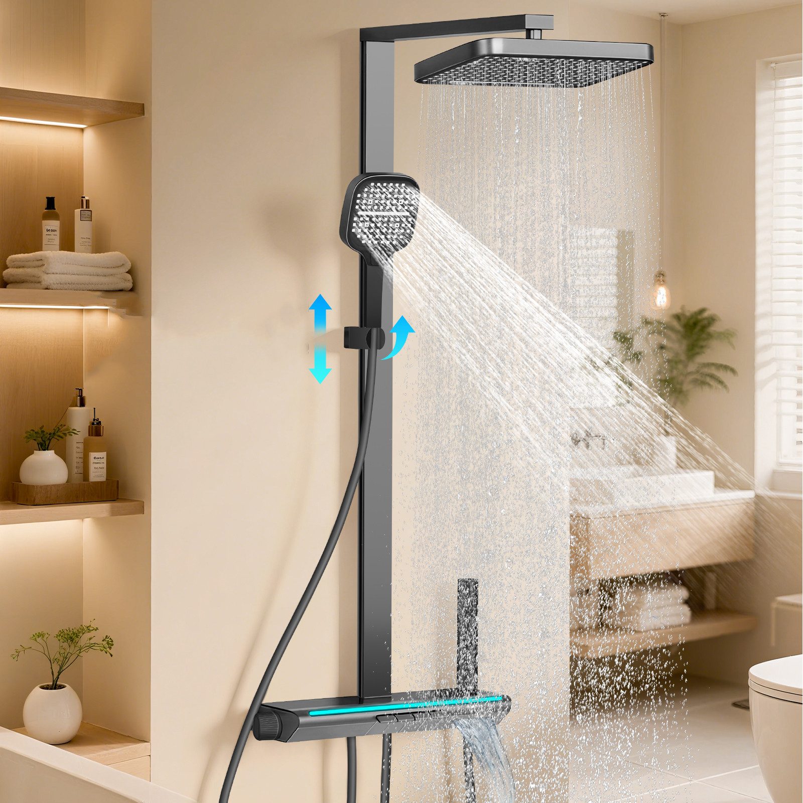 XERSEK Brausegarnitur 5in1 Duschsystem, LED-Display, 33×22 cm Drehbarer Duschkopf Höhe 107cm, inkl.Regendusche Handbrause Rückendüse Waschtischarmatur Spritzpistole