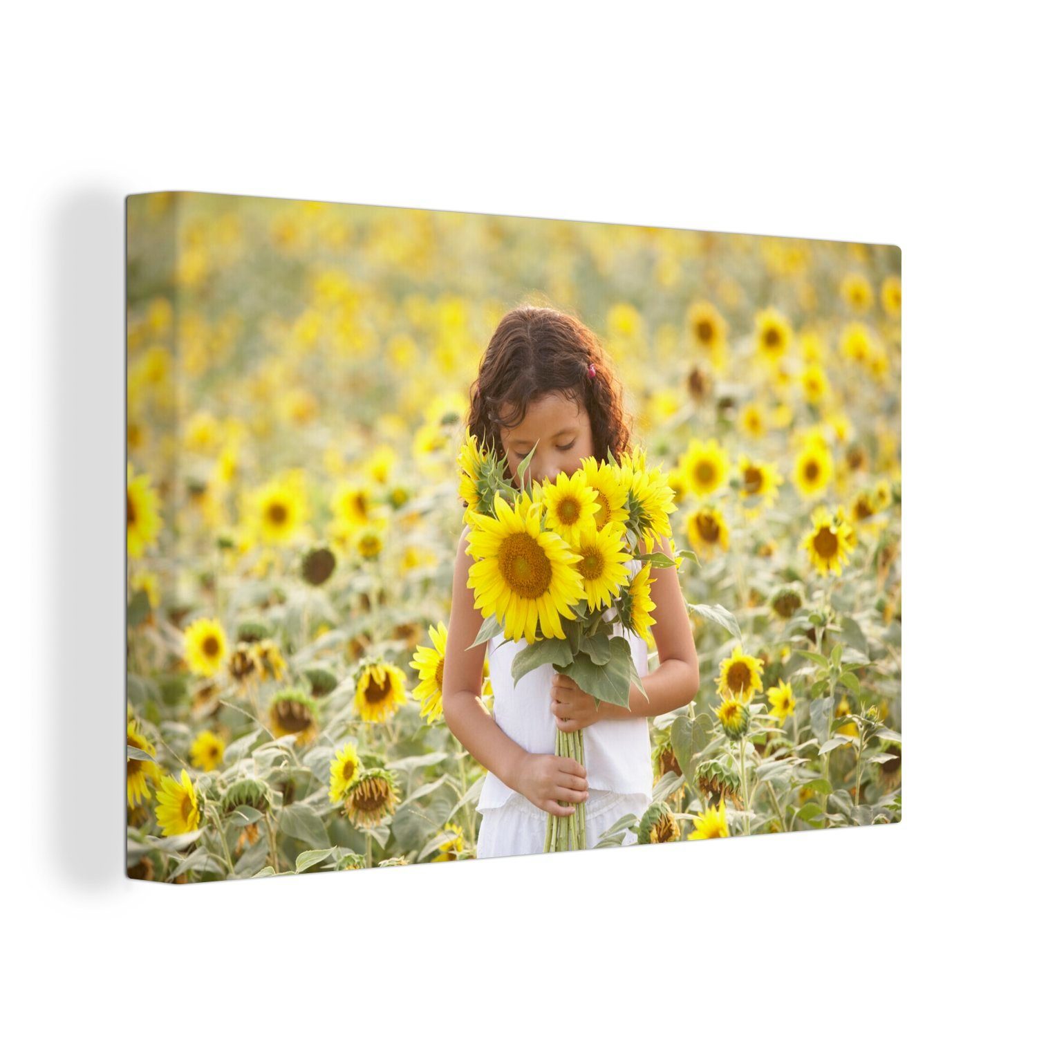 OneMillionCanvasses® Leinwandbild Mädchen mit einem Blumenstrauß aus Sonnenblumen, (1 St), Wandbild Leinwandbilder, Aufhängefertig, Wanddeko, 30x20 cm