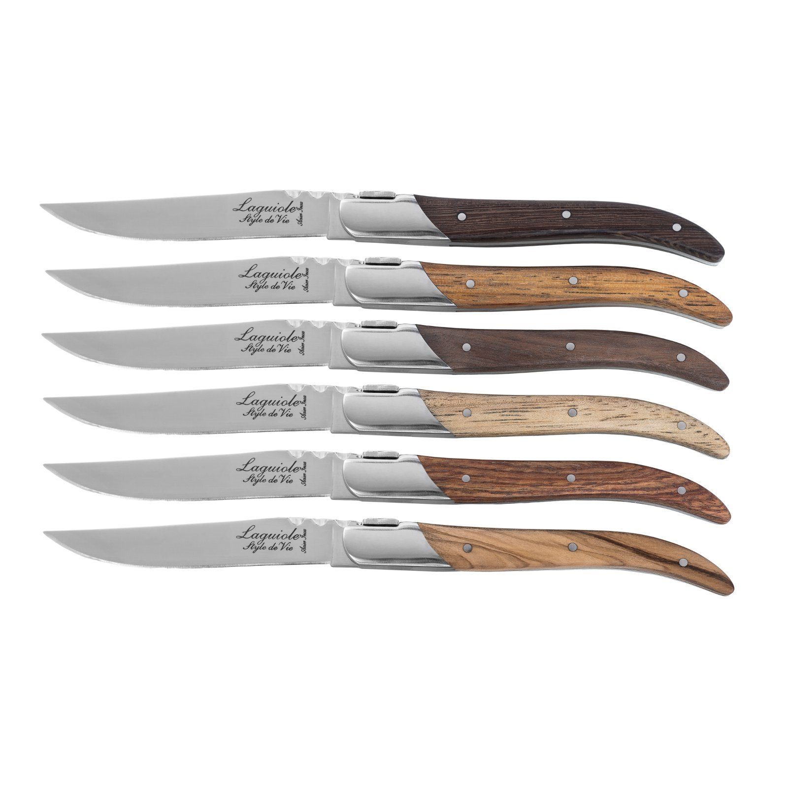Laguiole Style de Vie Steakmesser LAGUIOLE STEAKMESSER "MISCHHOLZ", 6 Holzarten, 6 Messer im Etui (6 Stück)