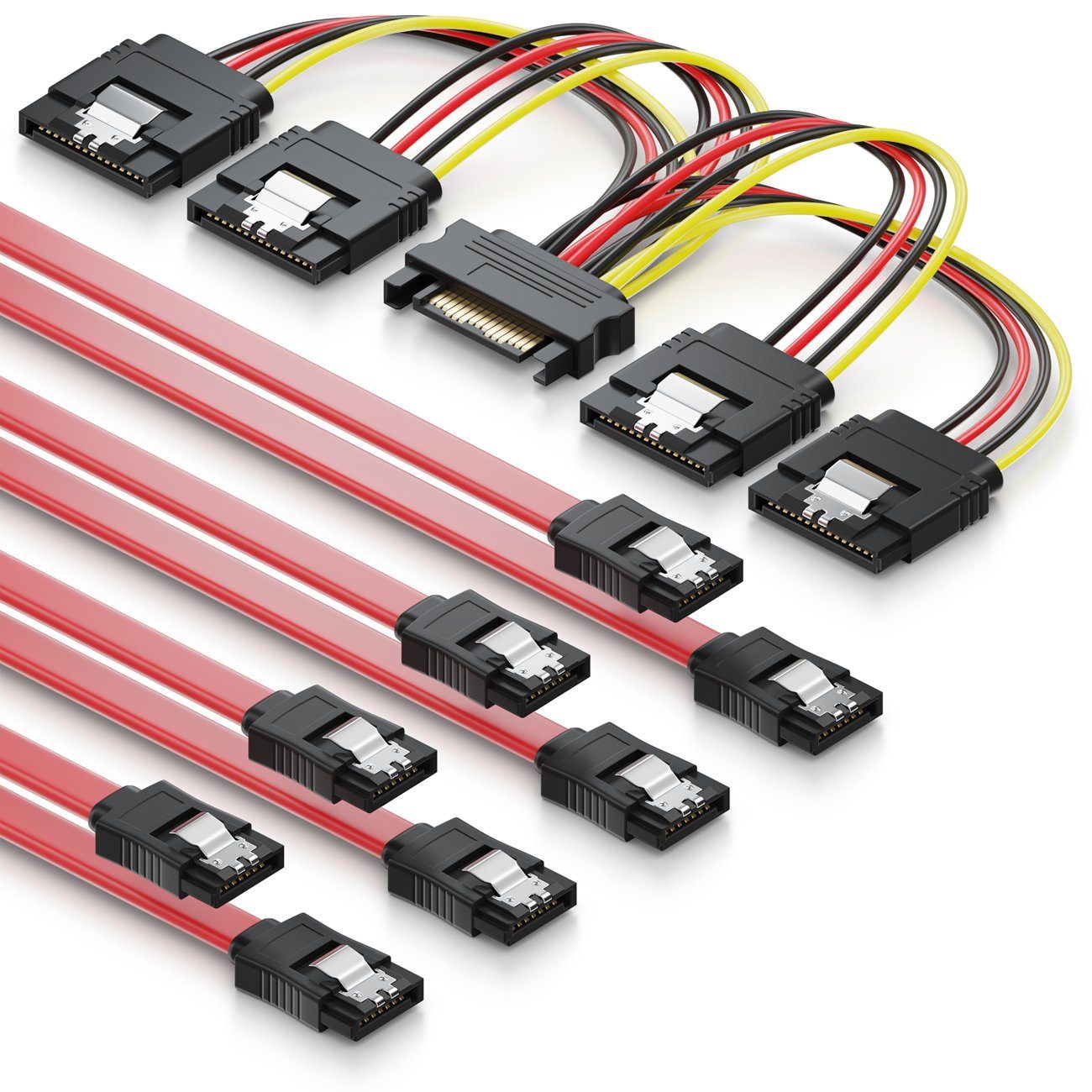 deleyCON deleyCON SATA Kabel Set 4x SATA III Kabel mit Stecker gerade + Strom Computer-Kabel