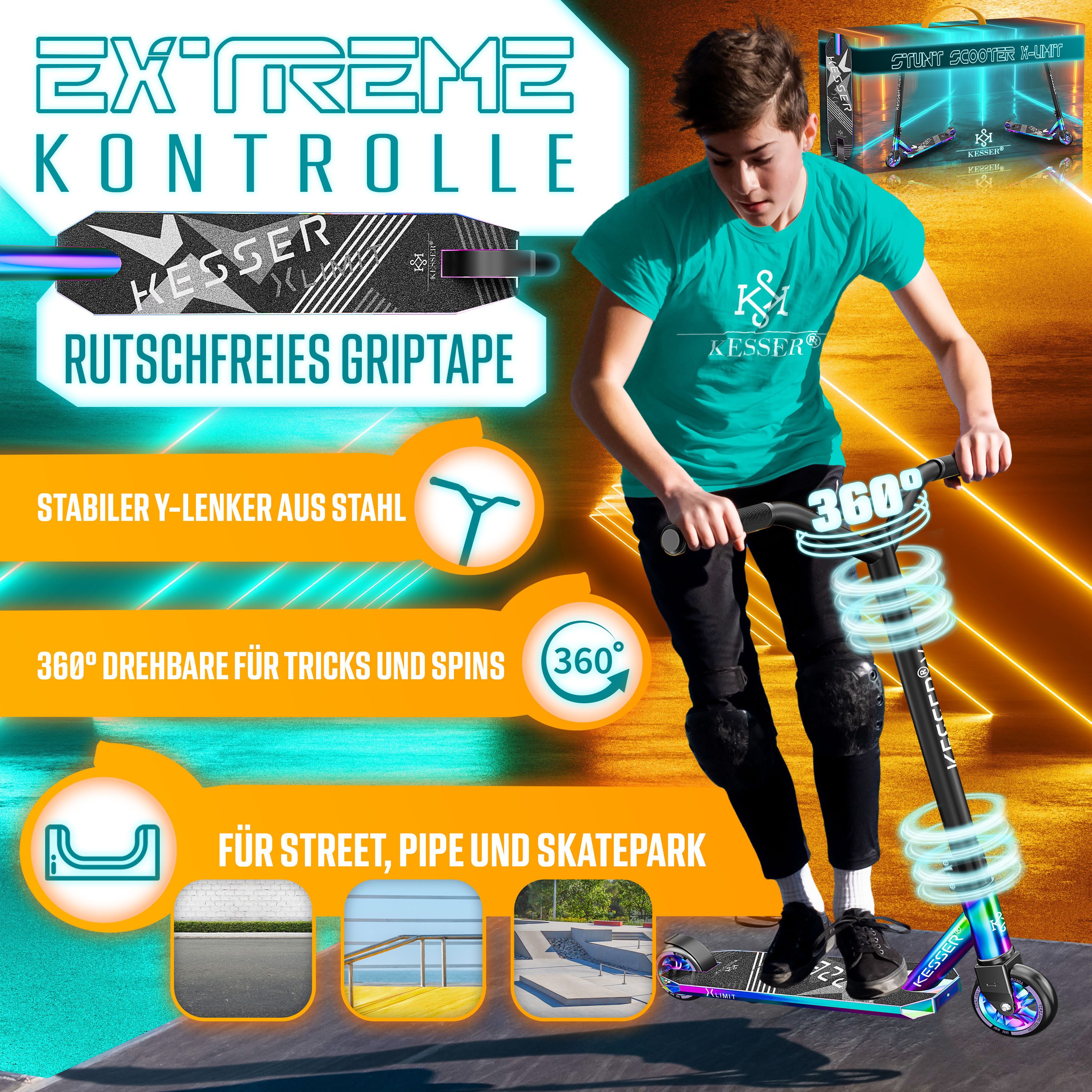 KESSER Stuntscooter X-Limit 360° Lenkung, ABEC9 Kugellagern, 100 mm PU Räder, Freestyle Kickscooter Funscooter für Kinder & Erwachsene