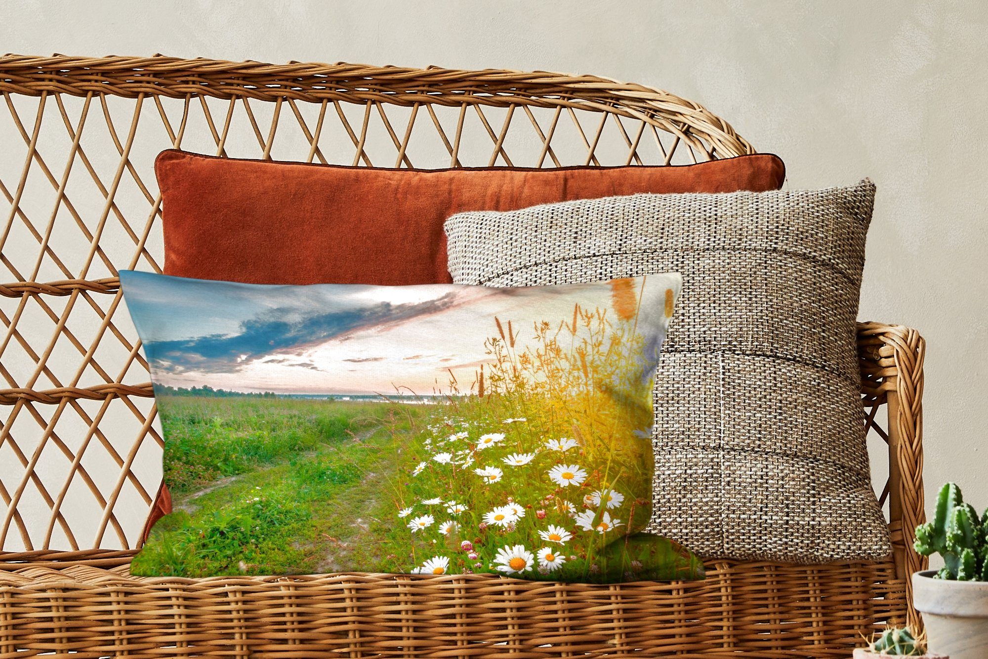 Dekokissen - - Dekokissen Zierkissen, Wohzimmer Dekoration, Blumen Schlafzimmer mit Sonne Gänseblümchen Natur MuchoWow Füllung, Horizont, - -