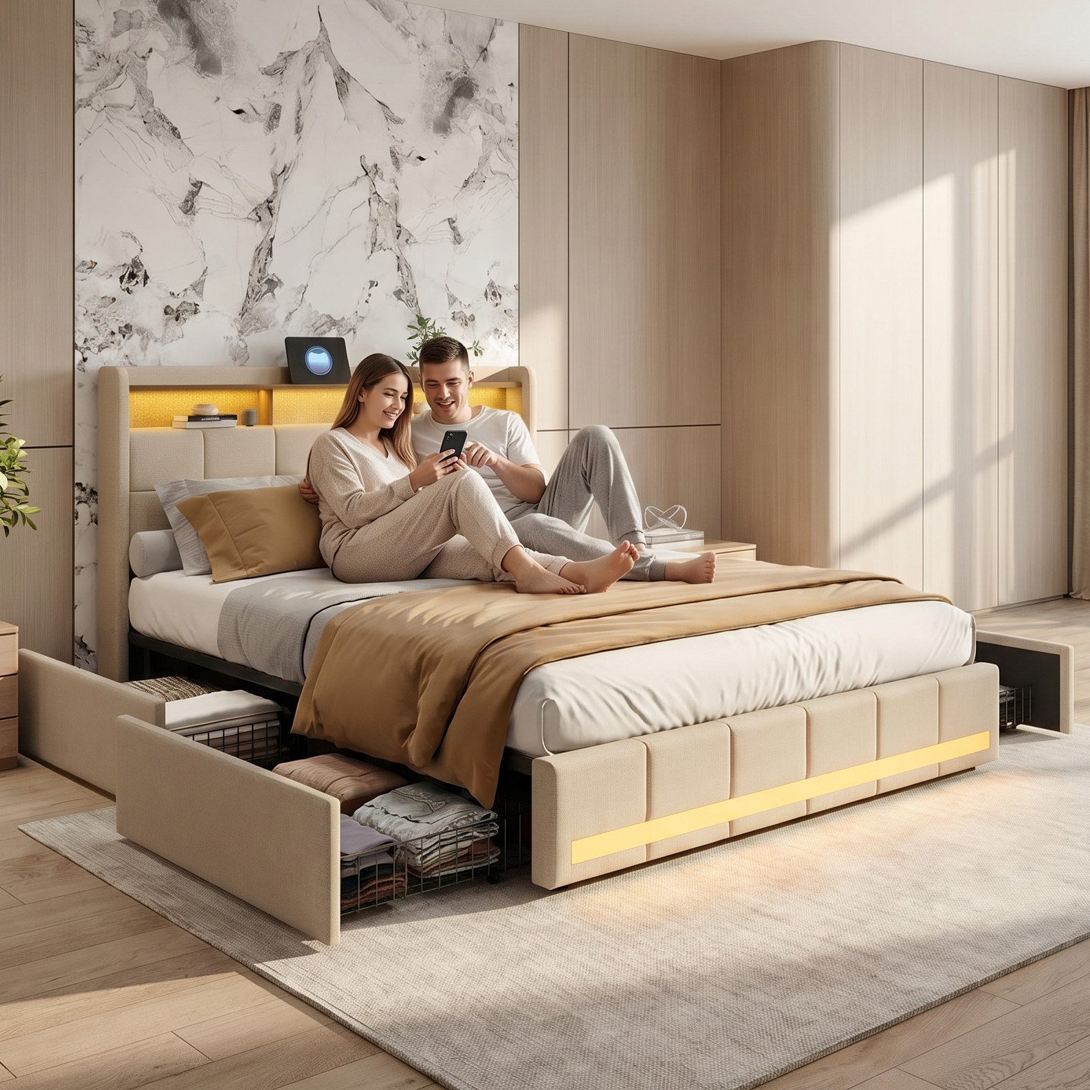 Furnishings Home Polsterbett Stauraumbett Doppelbett Jugendbett (4 Schubladen), Mit LED-Beleuchtung, 2 USB & TYPE-C Anschlüsse, Leinen, 140x200 cm