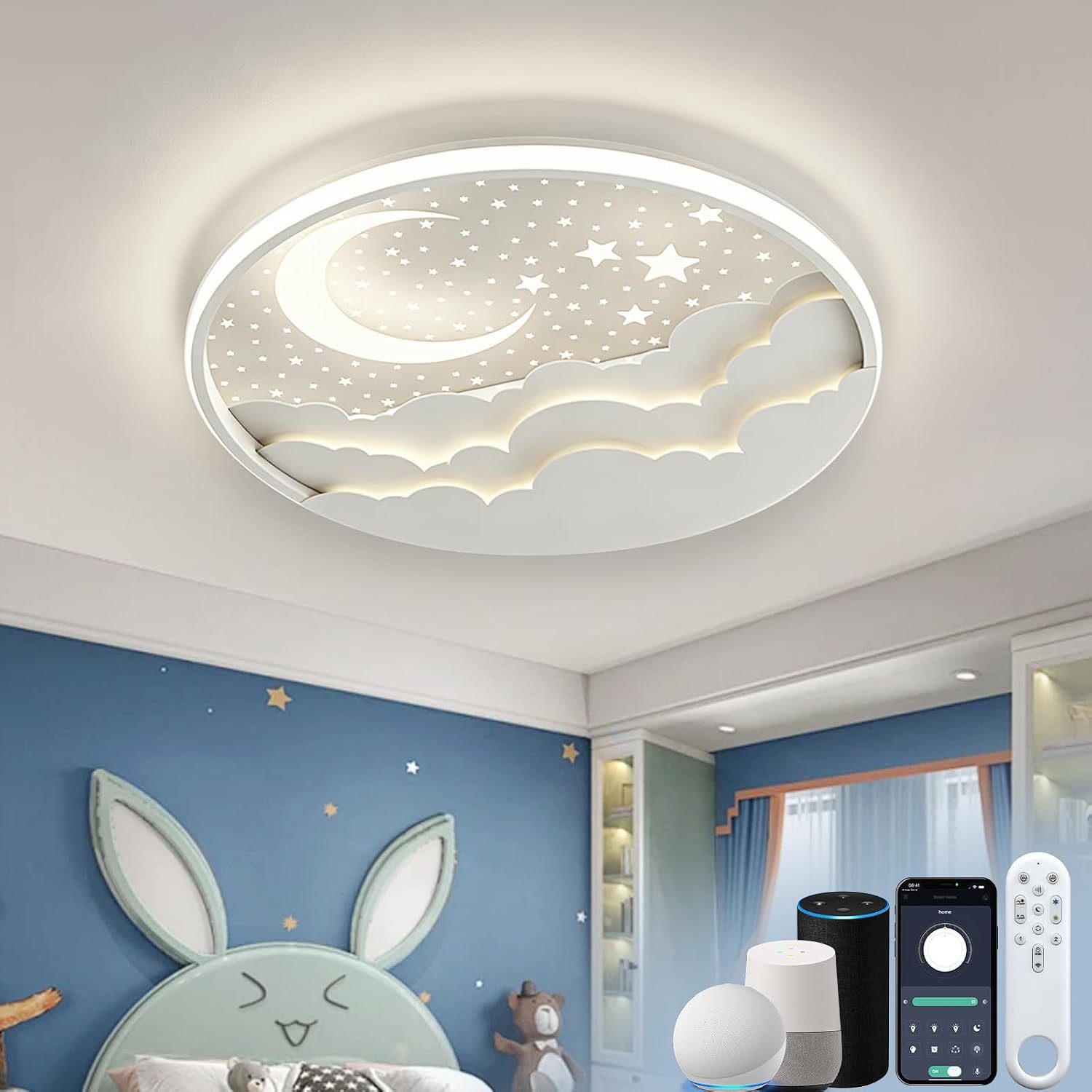 RRBEST Deckenleuchte LED Kinder Deckenlampe, Stern Mond Deckenleuchte Mit Fernbedienung, Warm, Natural, Kalt, Kinderzimmer Dimmbar Deckenleuchten, Schlafzimmer Lampe