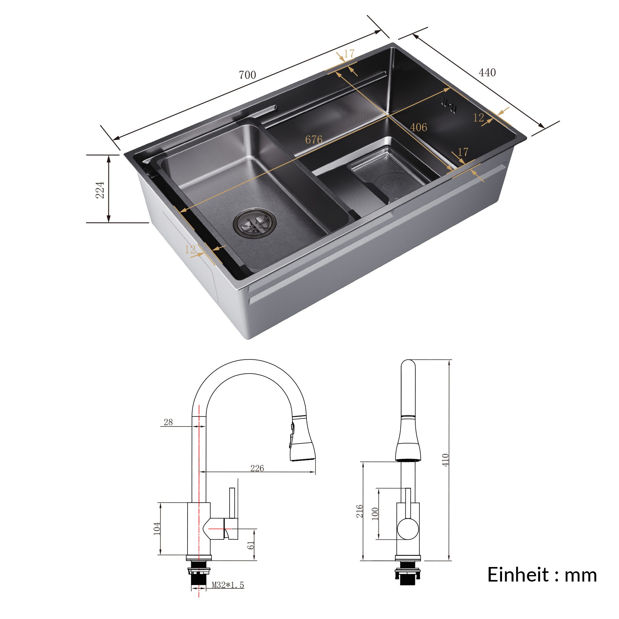 SONNI Küchenspüle Spülbecken 304 Edelstahl 70 x 45 cm Küchenspüle, Einbauspüle, Schmaler Rand, 70/22.4 cm – Bild 3 von 5