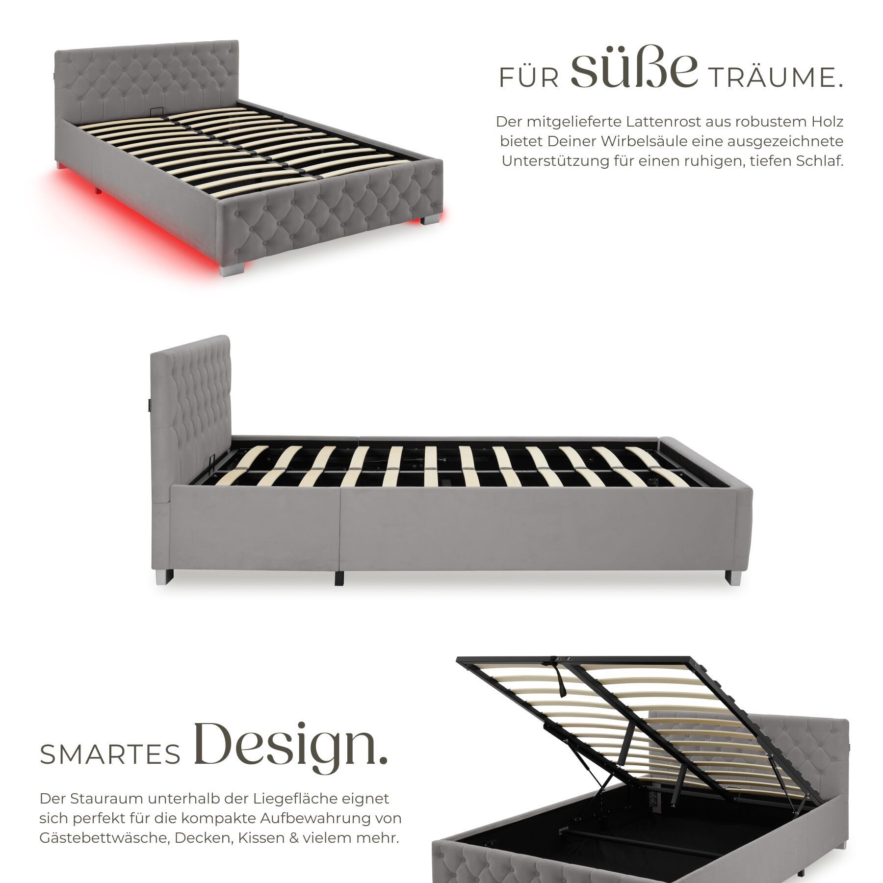 tectake Polsterbett Komfortbett mit LED-Leisten & Stauraum - Samtoptik mit Steppmuster (Bettset, in Dunkelgrau), stabiler Stahlrahmen, Belastbarkeit 250 kg – Bild 5 von 5