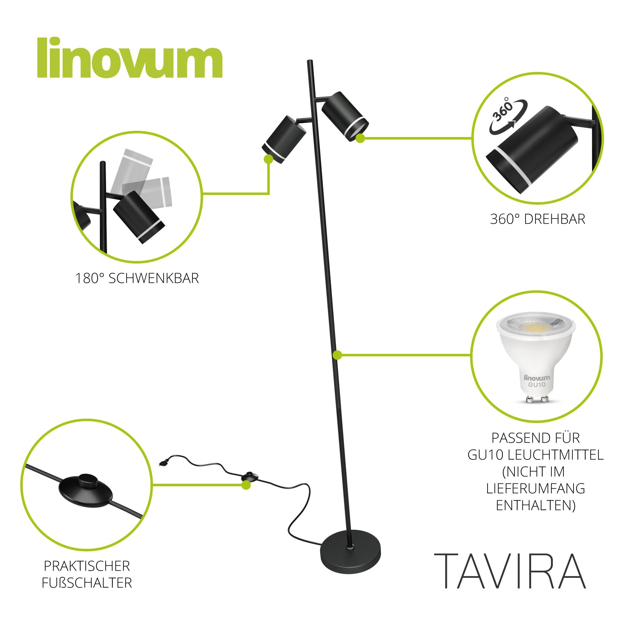 linovum nicht nicht GU10 inklusive, inklusive 2x 2er Lampen, schwenkbar Leuchtmittel LED Stehlampe für Leuchtmittel schwarz TAVIRA Aufbaustrahler