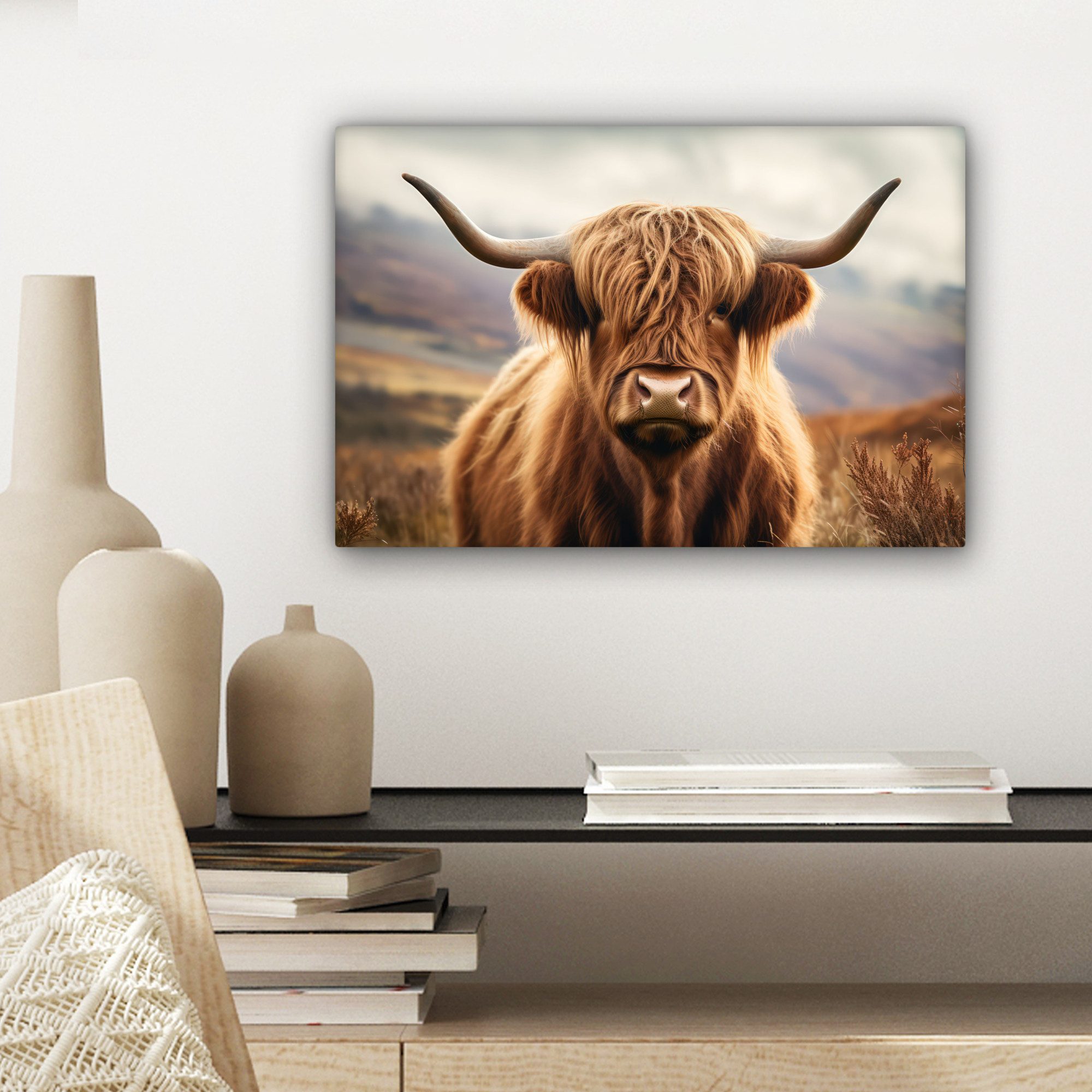 OneMillionCanvasses® Leinwandbild Schottische Highlander - Landschaft - Tier, Fotodruck (1 St), Leinwand Bilder Klein, Wand Dekoration Aesthetic 30x20 cm