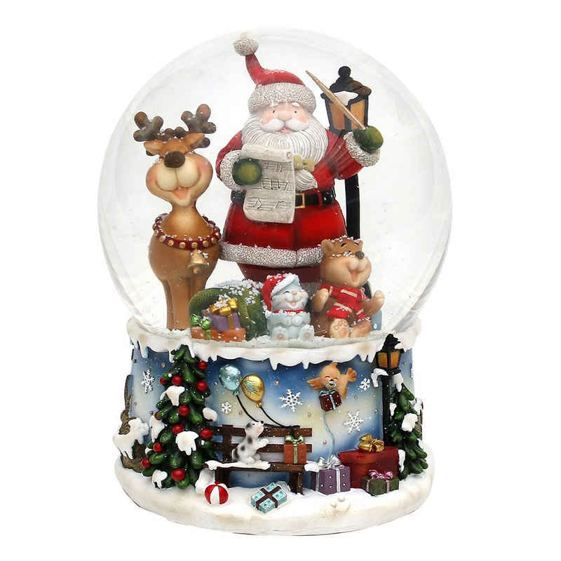 Dekohelden24 Schneekugel XXL Schneekugel, Santa mit lustigem Elch, mit Spielwerk, Melodie: (1 St)