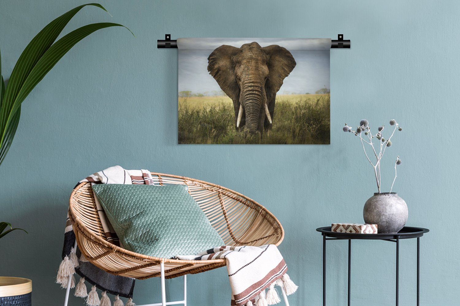 Elefant Wandbehang, Wanddekoobjekt Schlafzimmer, Wanddeko Wohnzimmer, - MuchoWow Natur Kleid, - für Landschaft, - - Kinderzimmer Tiere Gras