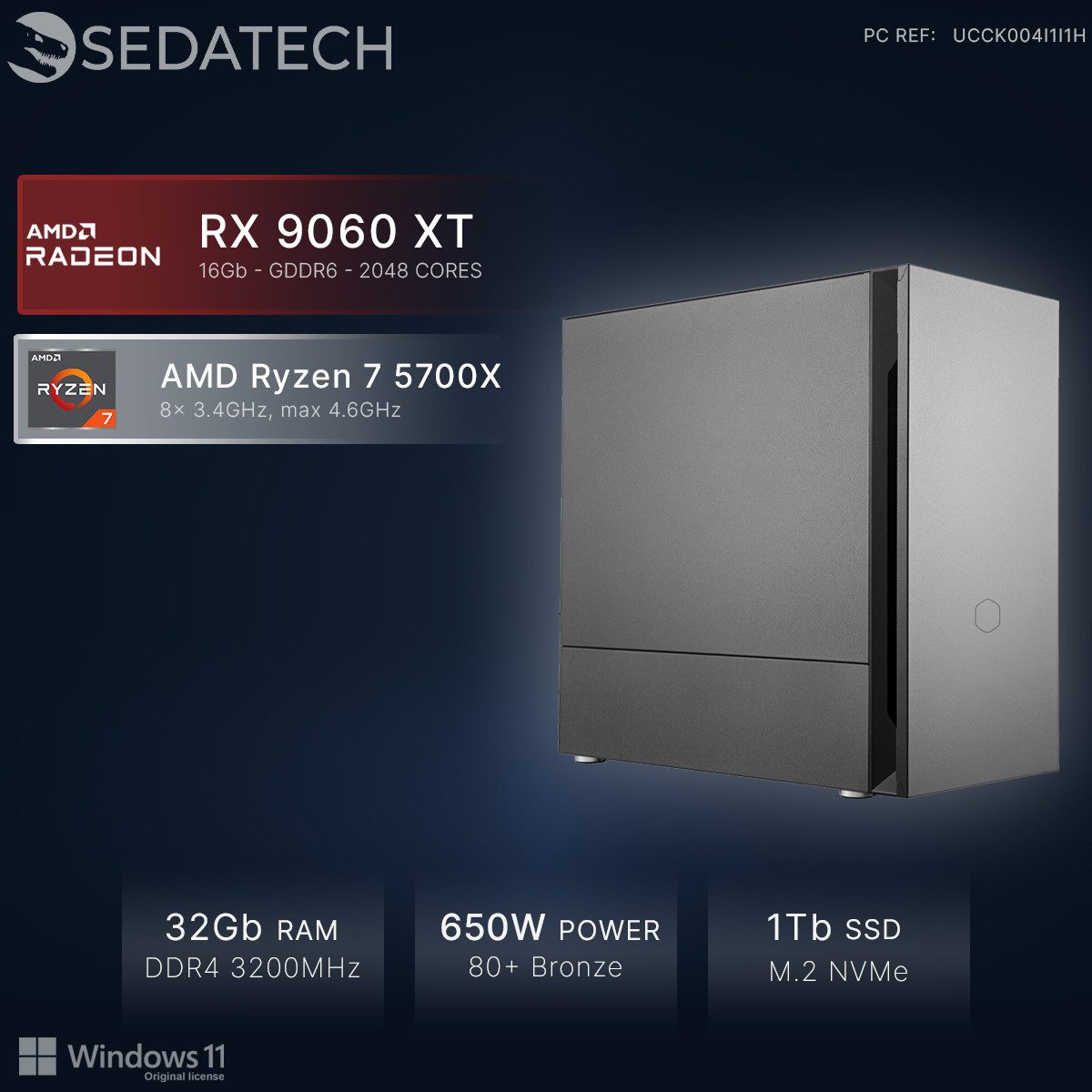 Sedatech UCCK004I1I1HF - Gaming-PC (AMD Ryzen 7 5700X 8x 3.4GHz (max 4.6GHz), Radeon RX 9060 XT 16GB, 32 GB RAM, 1000 GB SSD, Wlan 5)