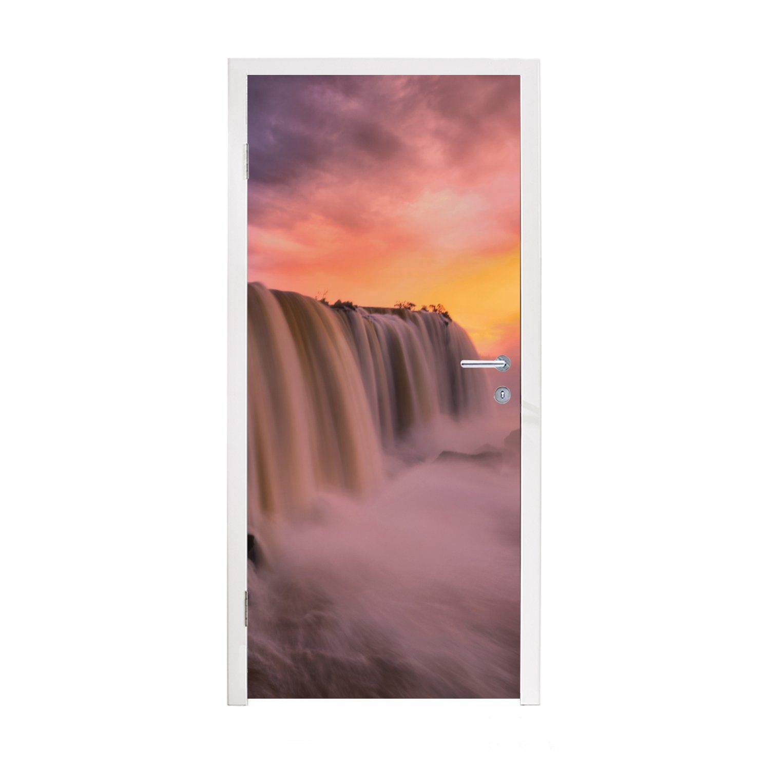 Natur, bedruckt, (1 Türaufkleber, 75x205 - Wasserfall MuchoWow cm Sonnenuntergang Tür, Türtapete Fototapete für Matt, - St),