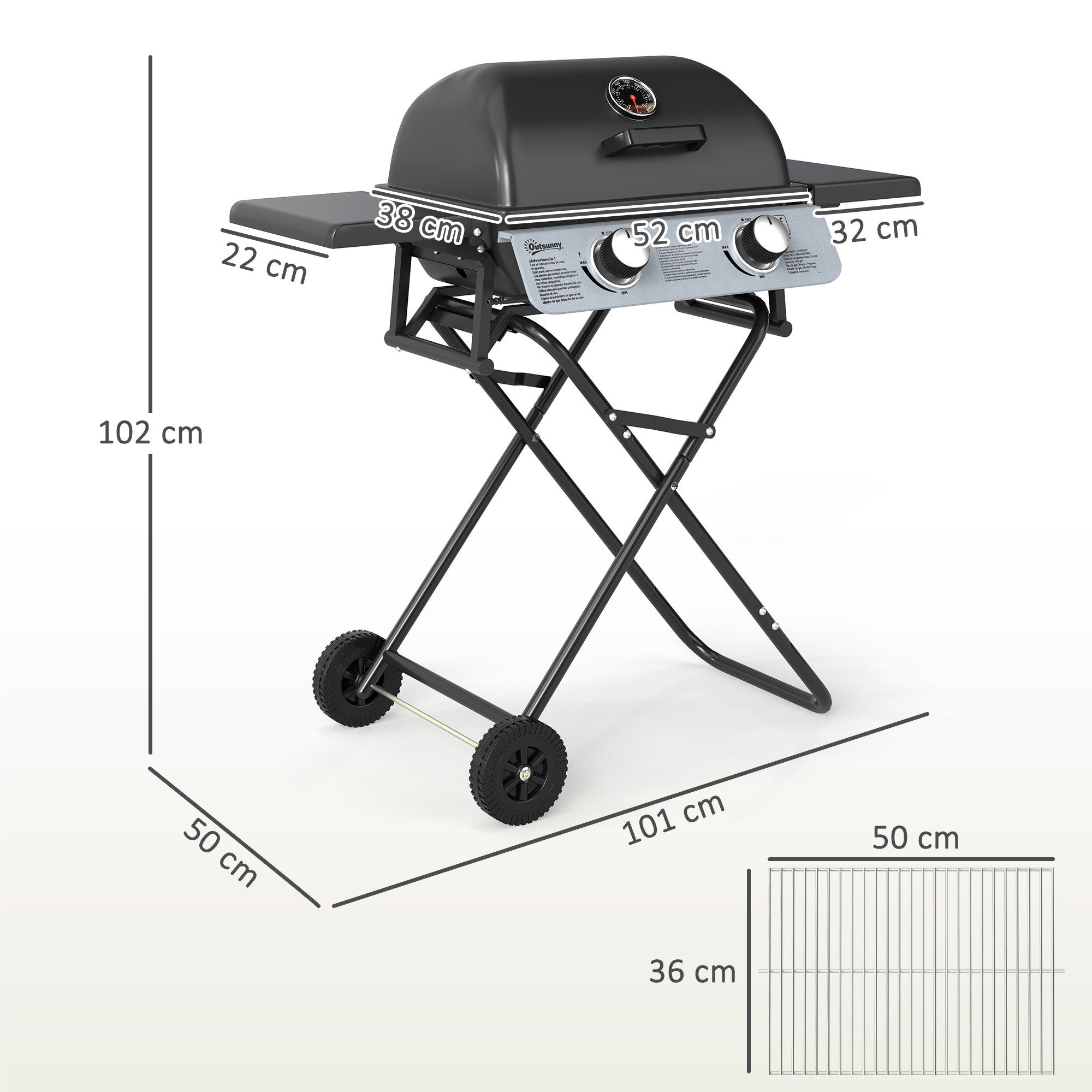 Outsunny Gasgrill inkl 2 Edelstahl-Brenner, Seitenablagen, Rolle, Druckminderer, klappbar BBQ Gartengrill, 5.6 KW Grillwagen, für Balkon, Camping-Grill 101 x 50 x 102 cm