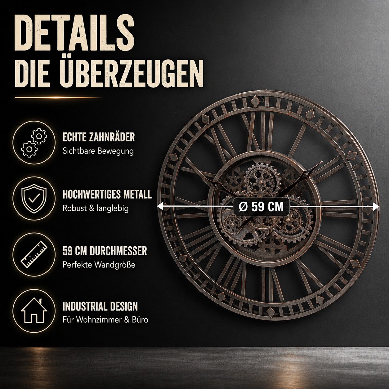 formano Wanduhr Metall groß 59 cm Industrial Uhr mit beweglichen Zahnrädern (Sichtbar bewegliche Zahnräder)