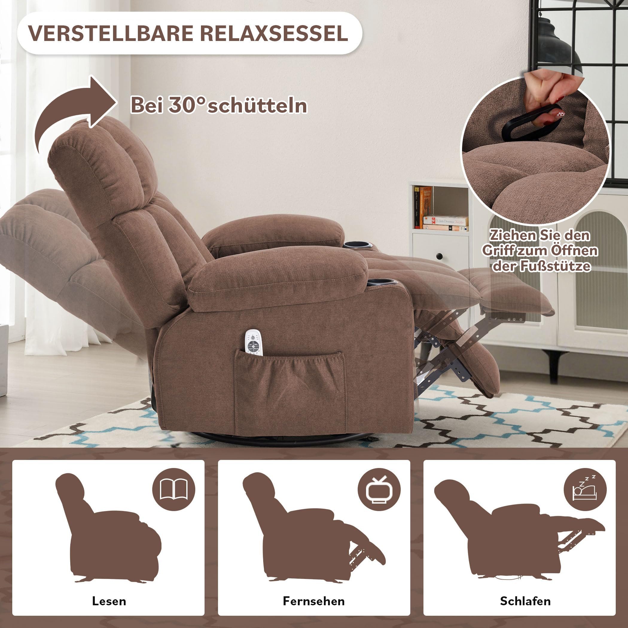 bosmiller Relaxsessel Elektrisch Massagesessel mit Wärmefunktion,Fernsehsessel Liegefunktion (1-St), mit 2 Seitentaschen Getränkehalter, 360°-Drehung für Wohnzimmer