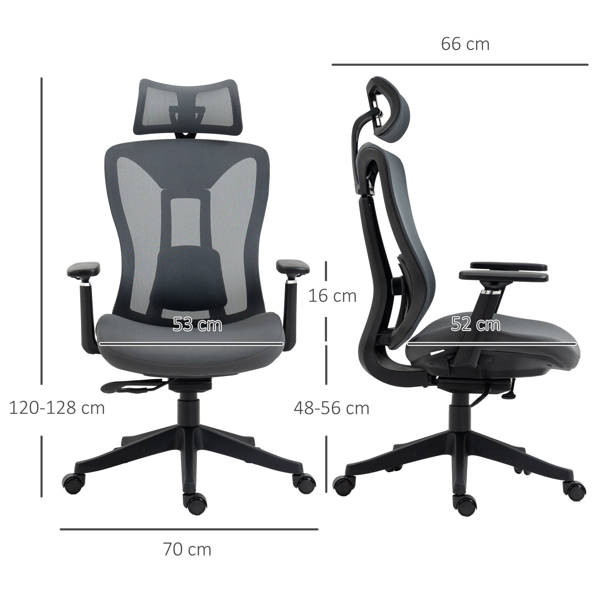 Vinsetto Bürostuhl PC Stuhl mit Verstellbarem Kopfkissen (Arbeitsstuhl, 1 St), Grau 70 x 66 x 120-128 cm