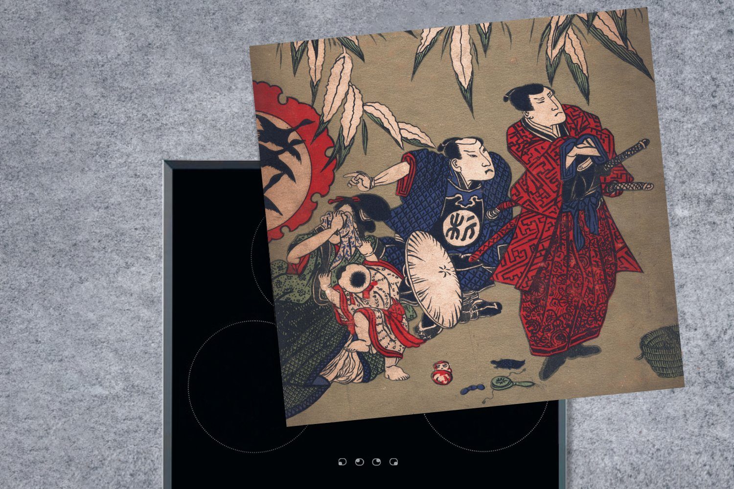 (1 für cm, Vinyl, küche Herdblende-/Abdeckplatte japanischen Samurai, 78x78 eines tlg), Arbeitsplatte MuchoWow Ceranfeldabdeckung, Vintage-Illustration