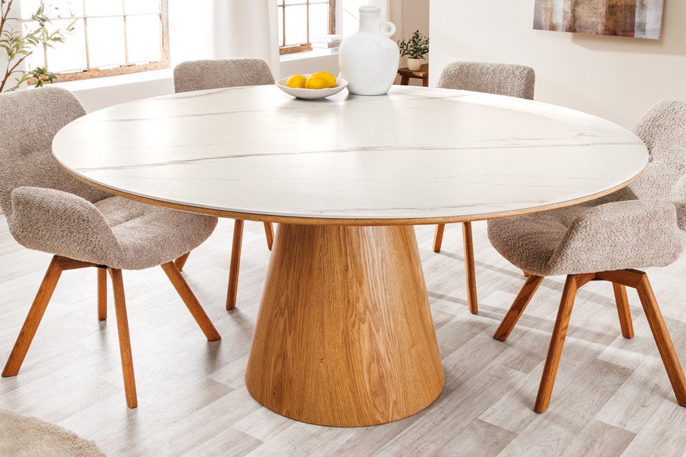riess-ambiente Esstisch UNIQUE 120cm weiß / natur · runder Küchentisch mit Keramik-Platte (Einzelartikel, 1-St), 4 Personen · Säulenfuß · Eiche-Echtholzfurnier · Marmor-Design