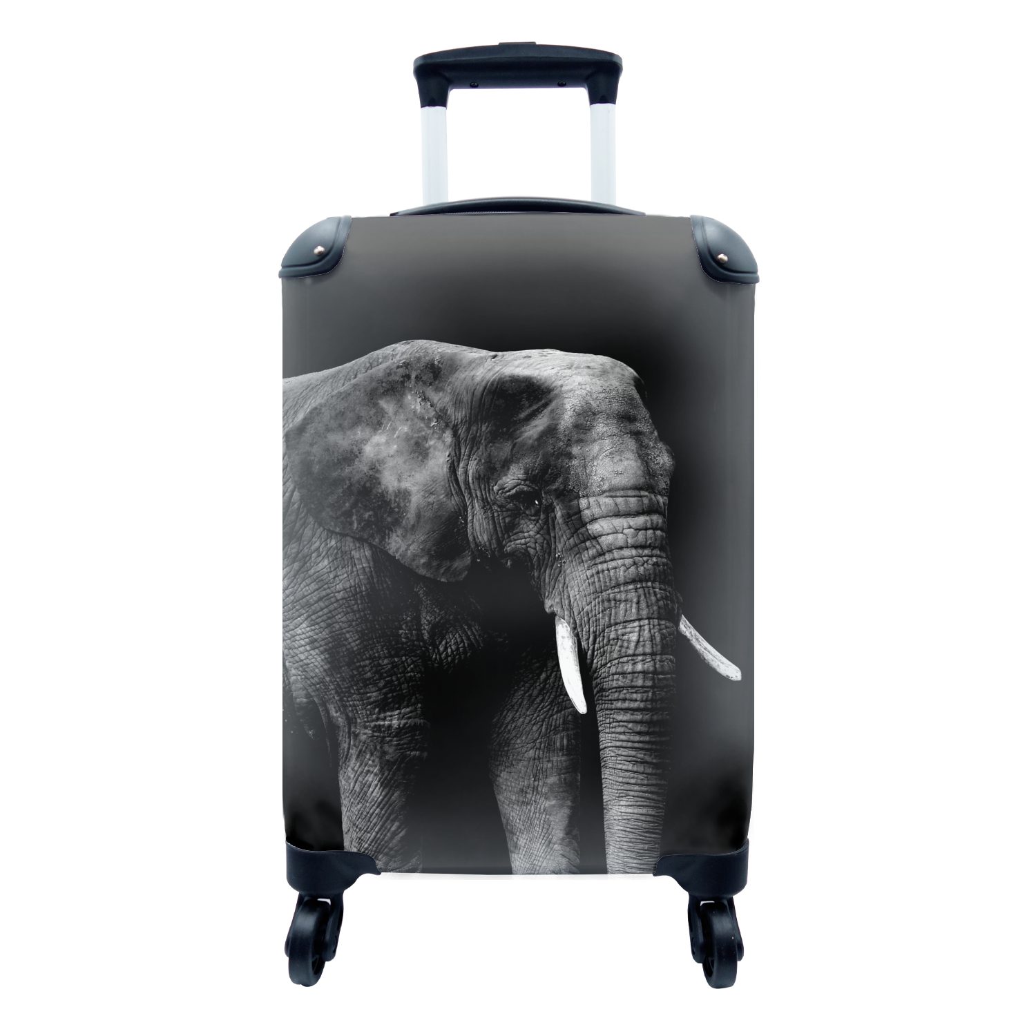 MuchoWow Handgepäckkoffer Elefant auf schwarzem Hintergrund - schwarz und weiß, 4 Rollen, Reisetasche mit rollen, Handgepäck für Ferien, Trolley, Reisekoffer