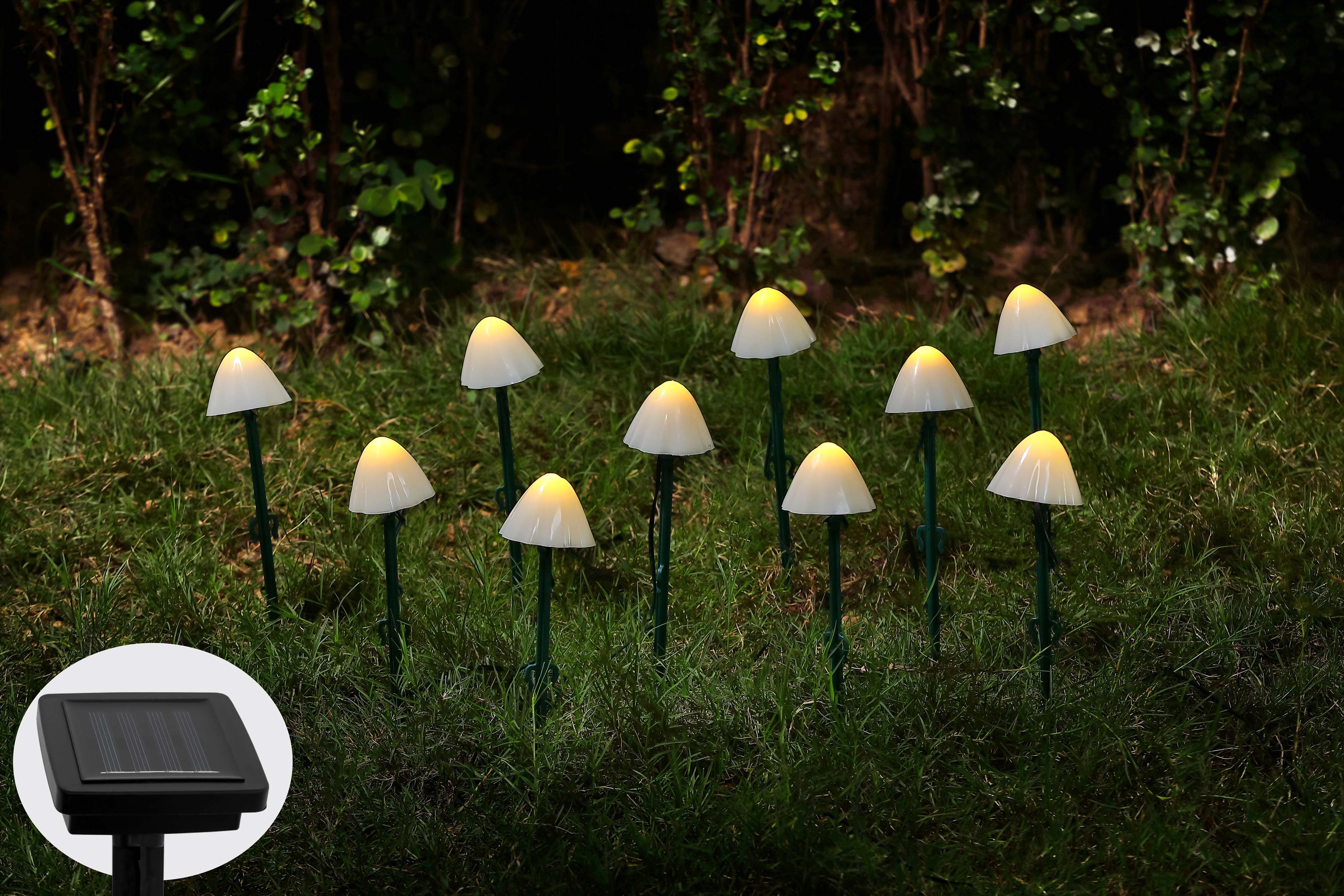 IC Gardenworld LED Solarleuchte 10 Solar Pilze als Boden-Lichterkette, warm-weiße Pilzleuchte, Warm-weiß, ca. 470 cm + 200 cm Zuleitung, dekorative Solarleuchten für Garten, Balkon, Terrasse