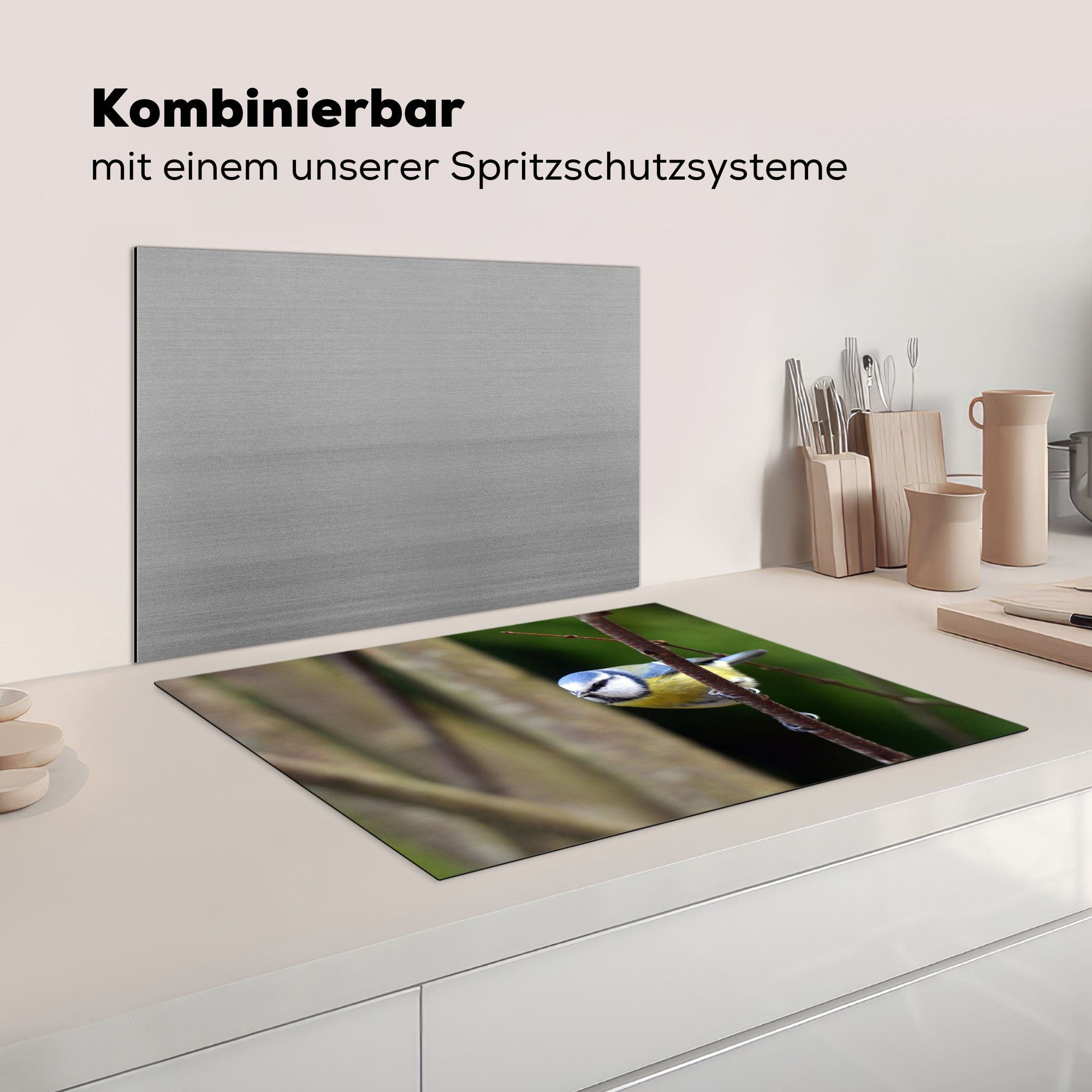 küche, Zweig, einem Induktionskochfeld die cm, Ceranfeldabdeckung MuchoWow auf (1 tlg), Schutz 71x52 Herdblende-/Abdeckplatte braunen Vinyl, Kohlmeise für