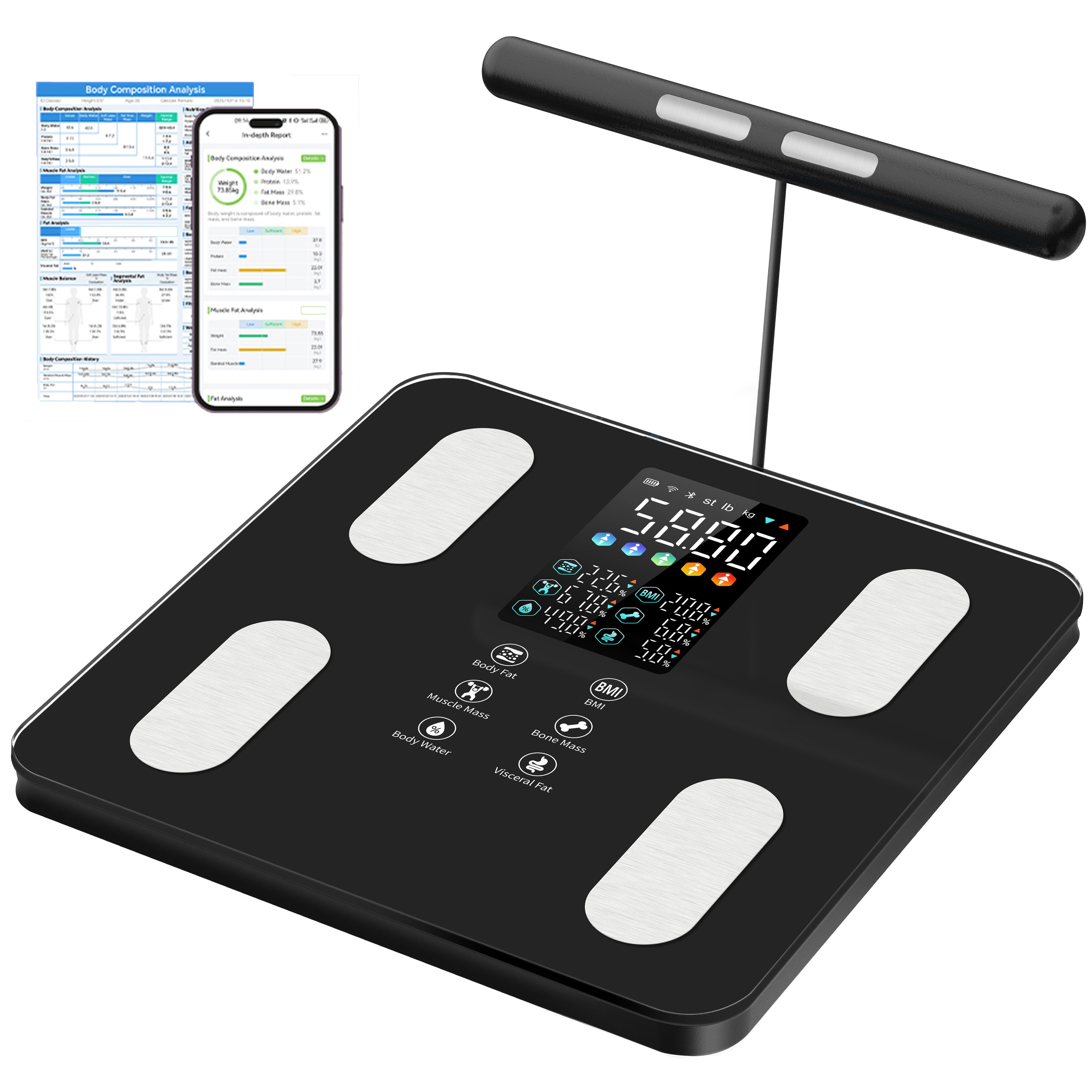 AIBISTAR Körper-Analyse-Waage 8-Elektroden Dualfrequenz Körperfettwaage mit 45 Daten & App, Ganzkörperanalyse,Gewicht, BMI, Körperfettanteil,Bluetooth-Verbindung