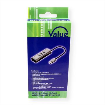 VALUE USB 3.2 Gen 1 zu Gigabit Ethernet Konverter + 3-Port USB Hub Computer-Adapter, 10.0 cm
