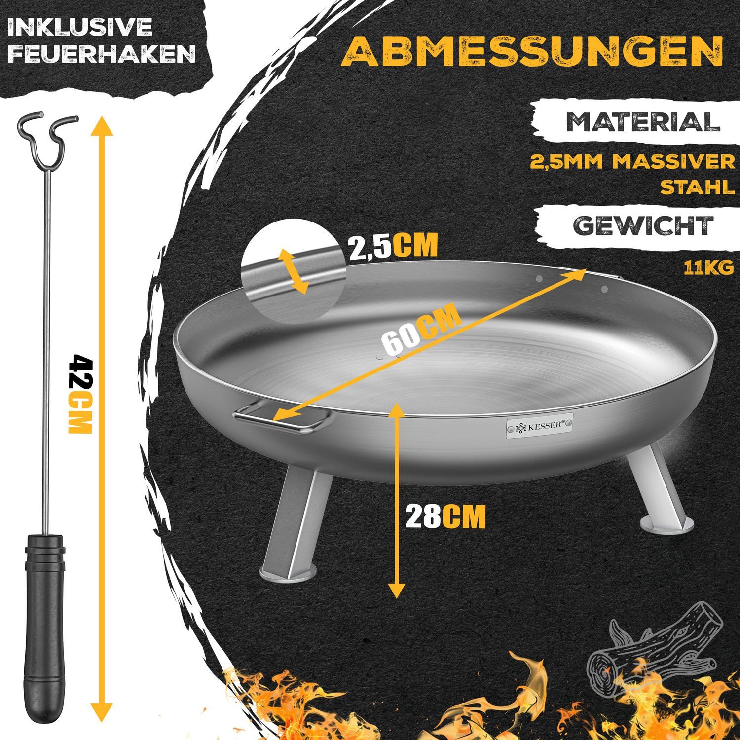 KESSER Feuerschale Feuertonne mit 2,5mm Stahldicke Feuerstelle, (Feuerkorb inklusive Feuerhaken + Wasserablauf), Feuerstelle massives Gusseisen 2 stabile Griffe