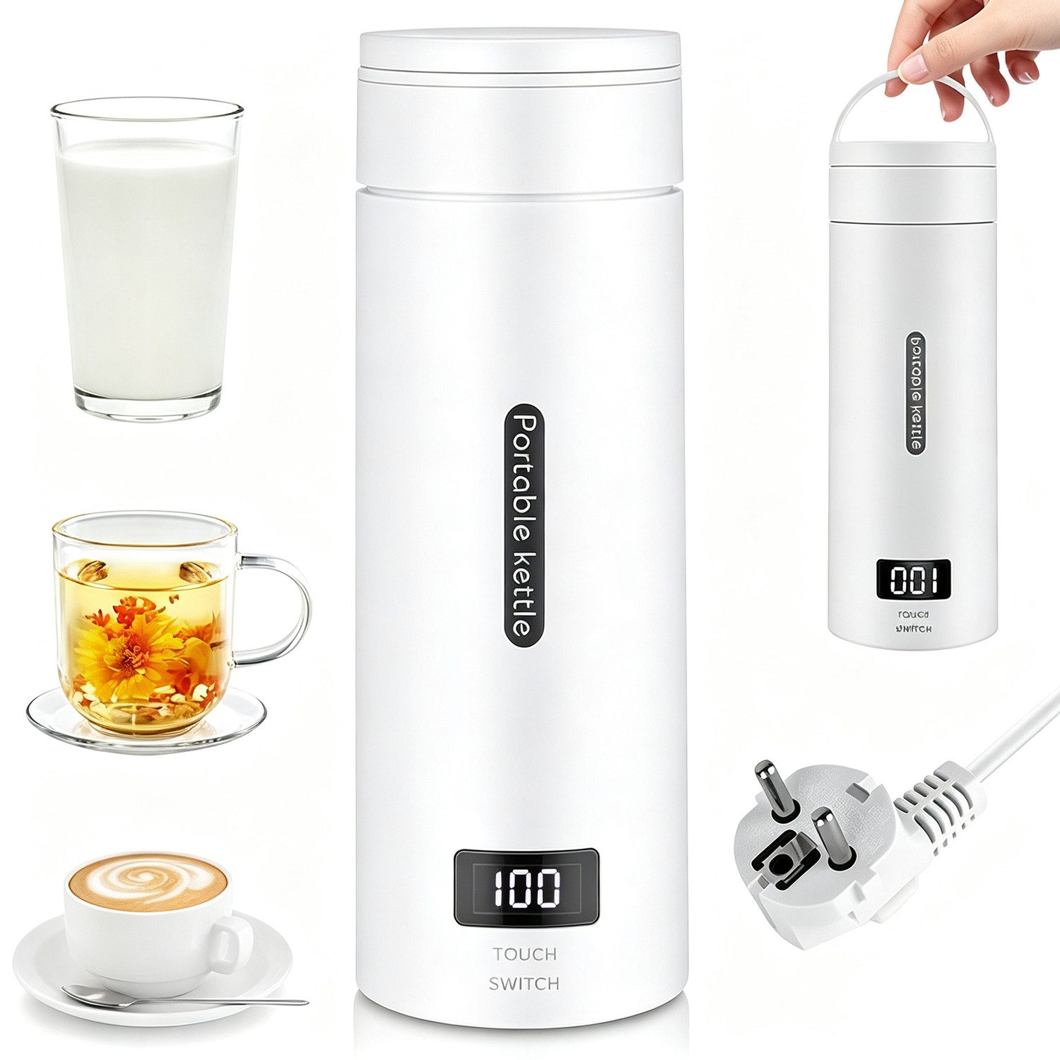 AKKEE Wasserkocher 380mL Reisen Elektrischer Wasserkocher, Elektrischer Wassertasse Klein, 300 W, Edelstahl
