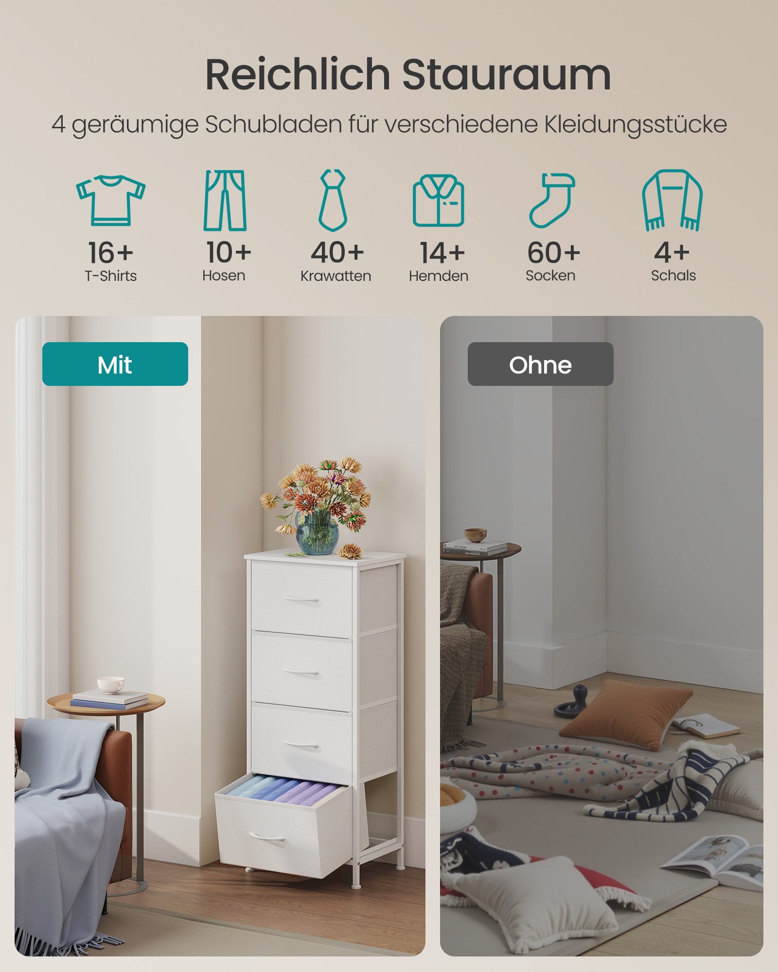 SONGMICS Kommode Schrank mit 3/4/5 Schubladen, Aufbewahrungsschrank, Stahl, MDF, Vliesstoff, für Schlafzimmer